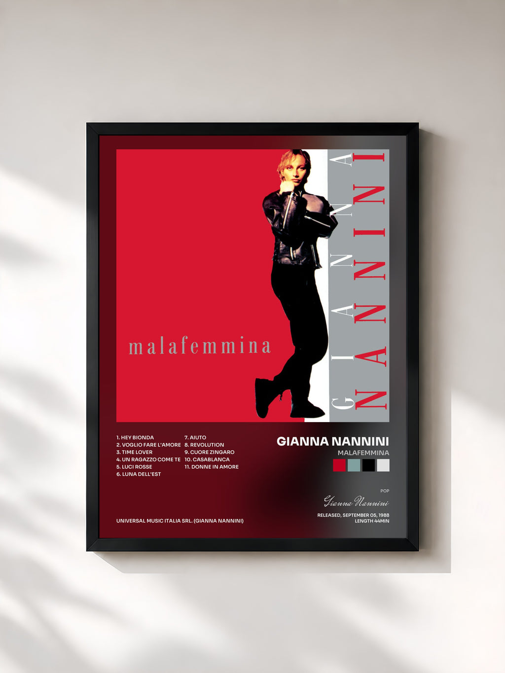 #noir Tableau de l'album Malafemmina de Gianna Nannini, cadre noir, imprimé et encadré en France