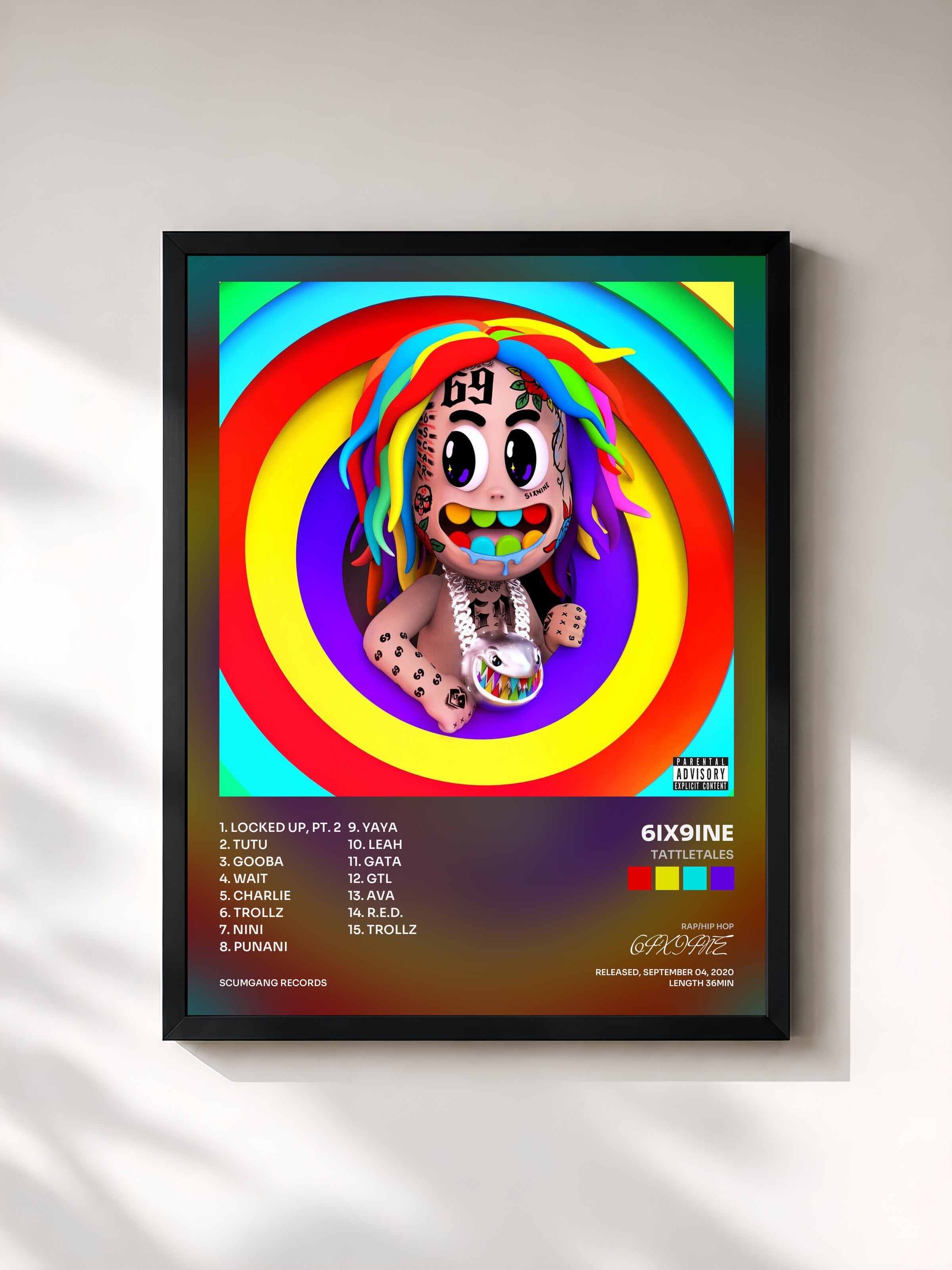 #noir Tableau de l'album TattleTales de 6IX9INE, cadre noir, imprimé et encadré en France