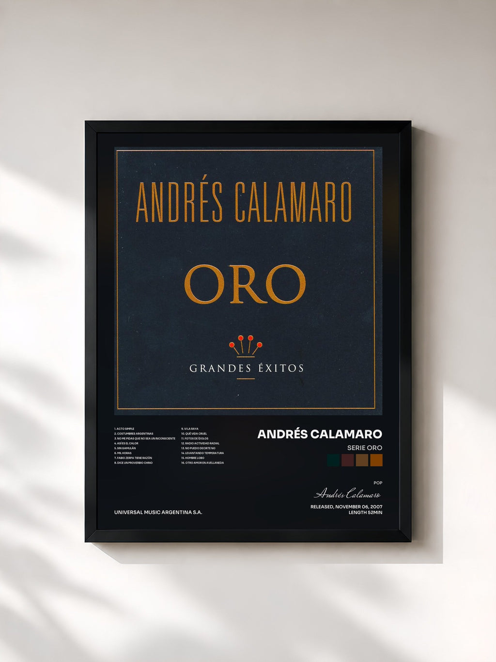 #noir Tableau de l'album Serie Oro de Andrés Calamaro, cadre noir, imprimé et encadré en France