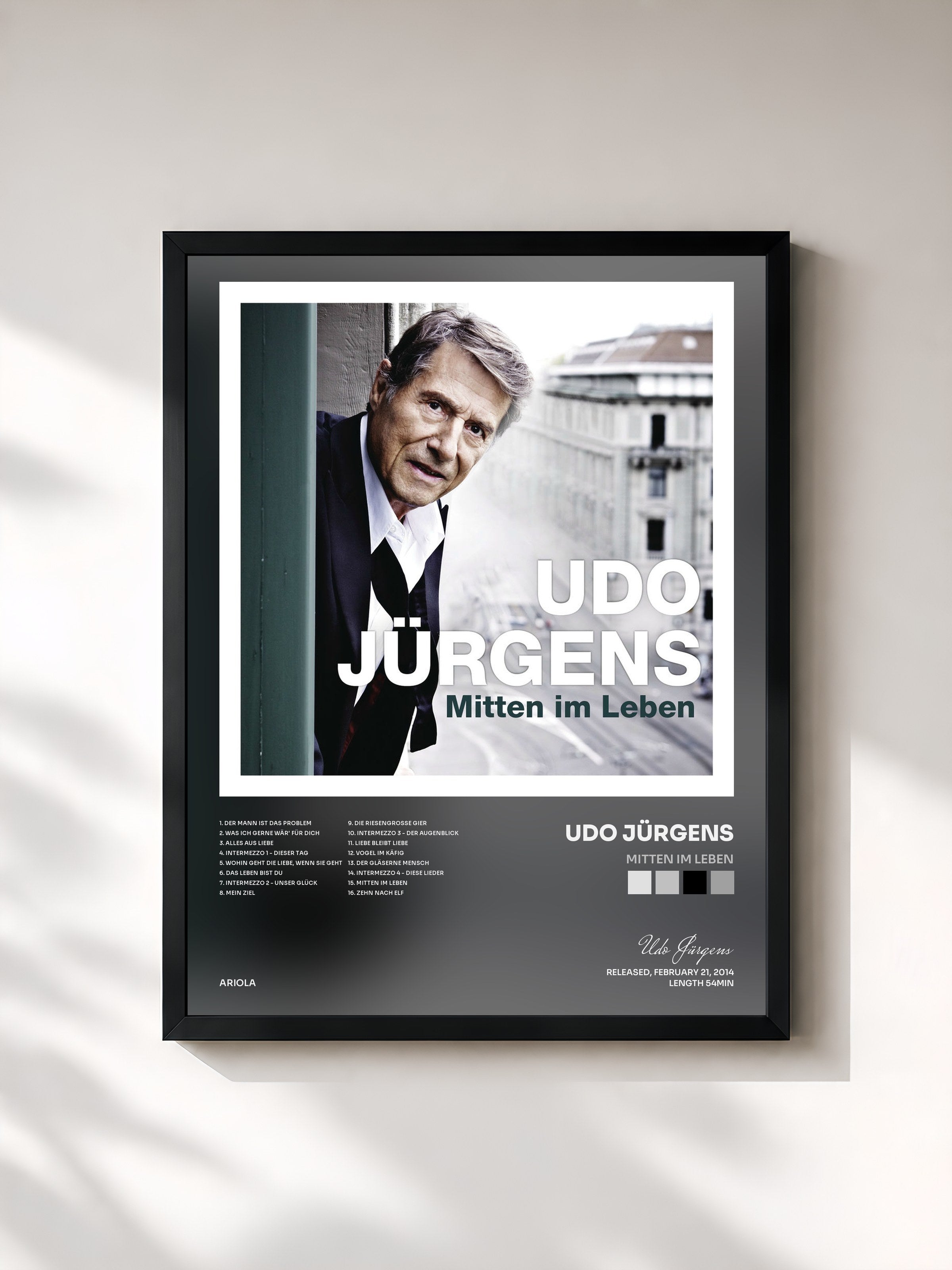 #noir Tableau de l'album Mitten im Leben de Udo Jürgens, cadre noir, imprimé et encadré en France