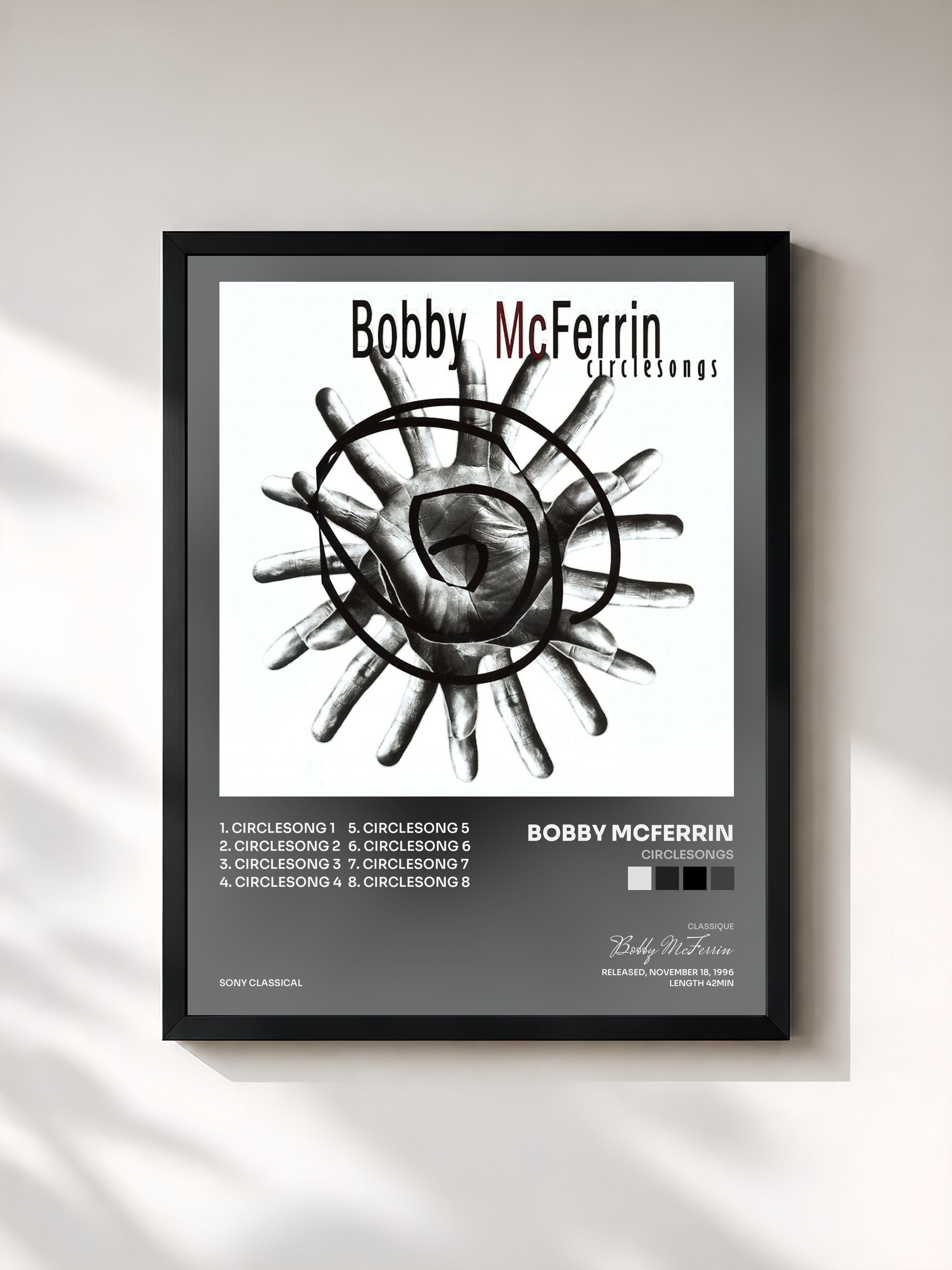 #noir Tableau de l'album Circlesongs de Bobby McFerrin, cadre noir, imprimé et encadré en France