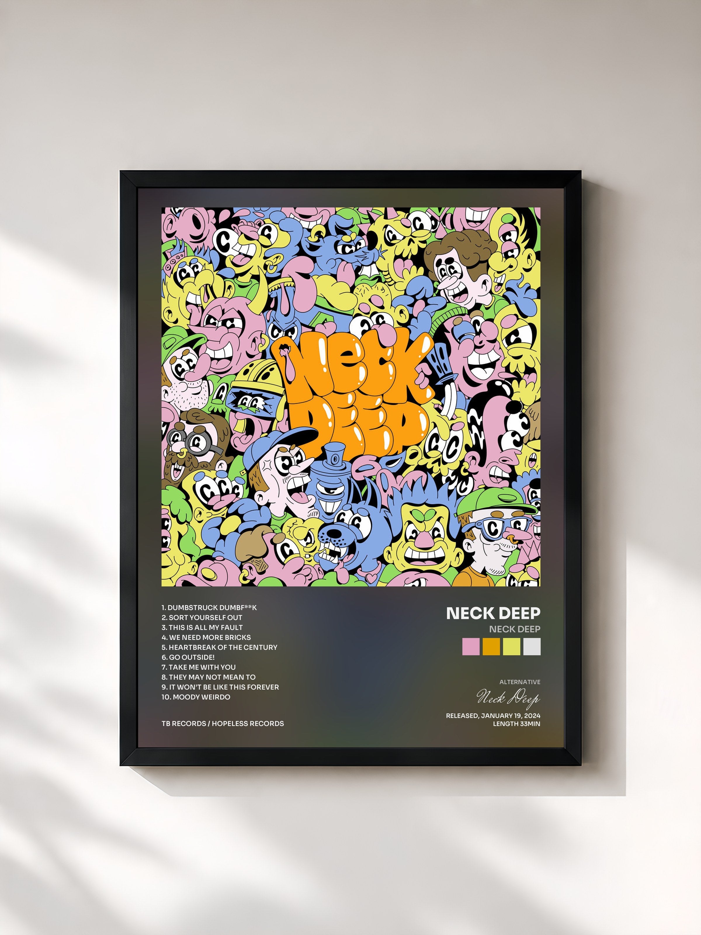 #noir Tableau de l'album Neck Deep de Neck Deep, cadre noir, imprimé et encadré en France