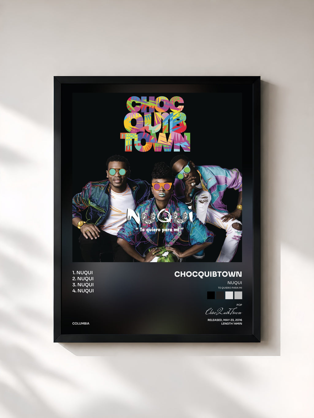 #noir Tableau de l'album Nuqui (Te Quiero Para Mi) EP de ChocQuibTown, cadre noir, imprimé et encadré en France