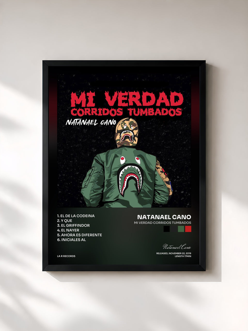 #noir Tableau de l'album Mi Verdad Corridos Tumbados de Natanael Cano, cadre noir, imprimé et encadré en France