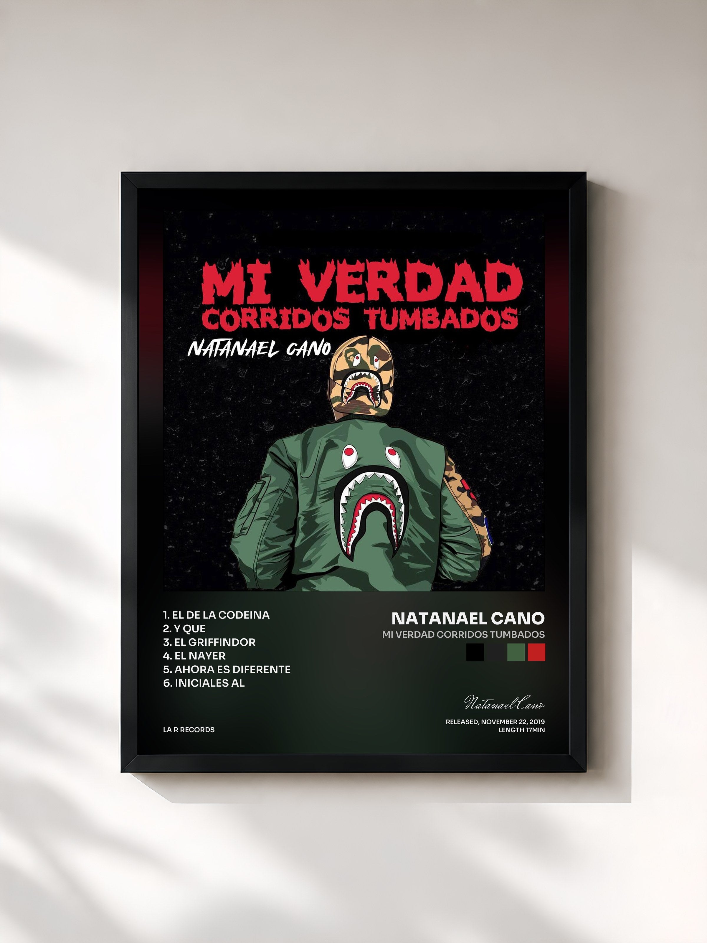 #noir Tableau de l'album Mi Verdad Corridos Tumbados de Natanael Cano, cadre noir, imprimé et encadré en France