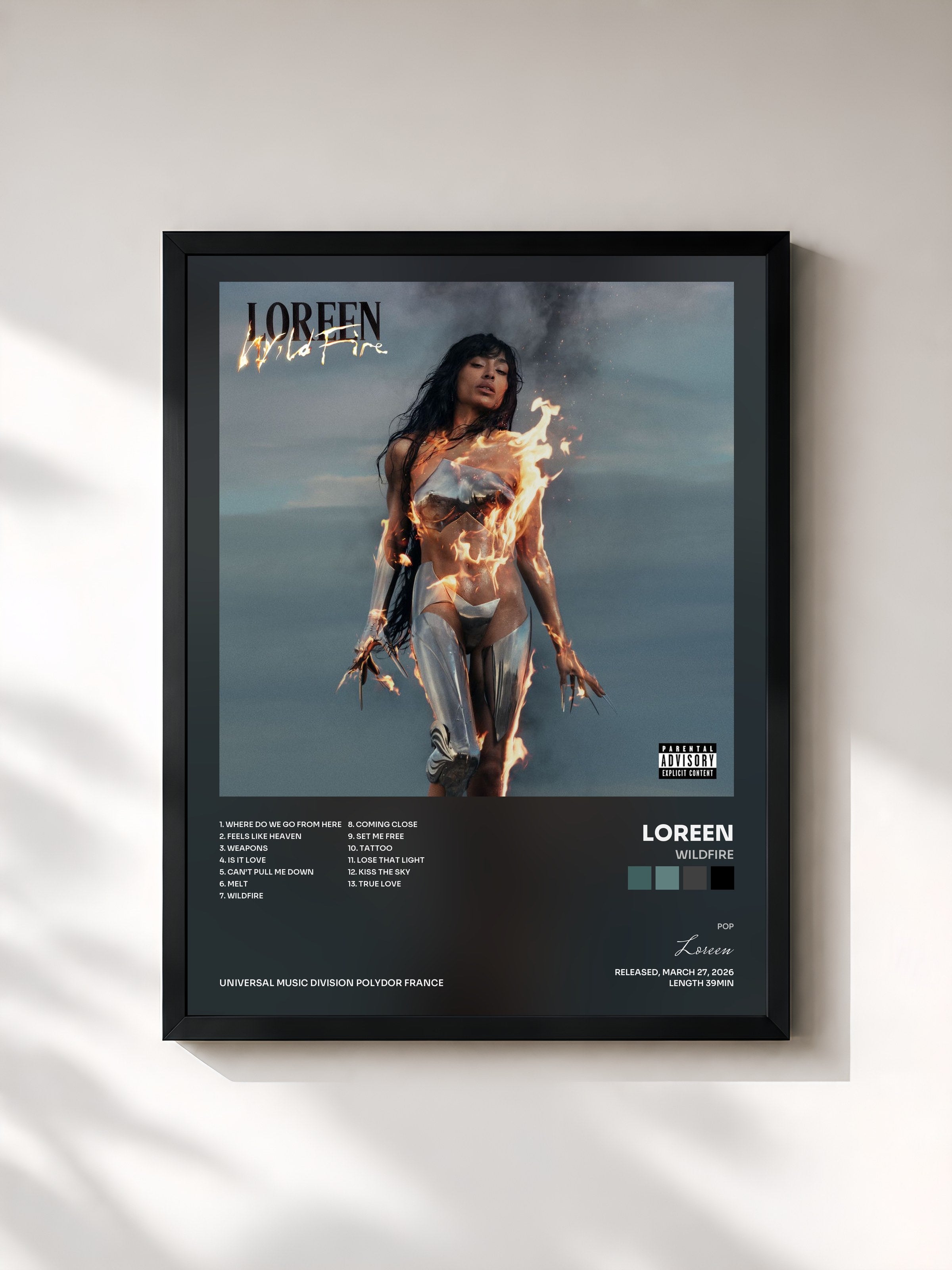 #noir Tableau de l'album WILDFIRE de Loreen, cadre noir, imprimé et encadré en France