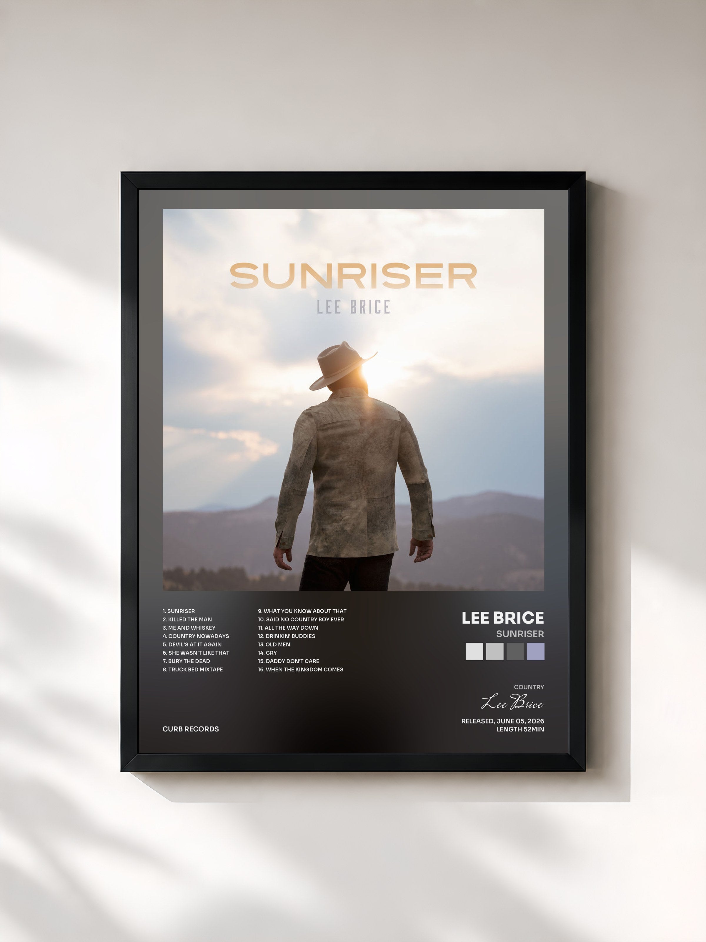#noir Tableau de l'album Sunriser de Lee Brice, cadre noir, imprimé et encadré en France