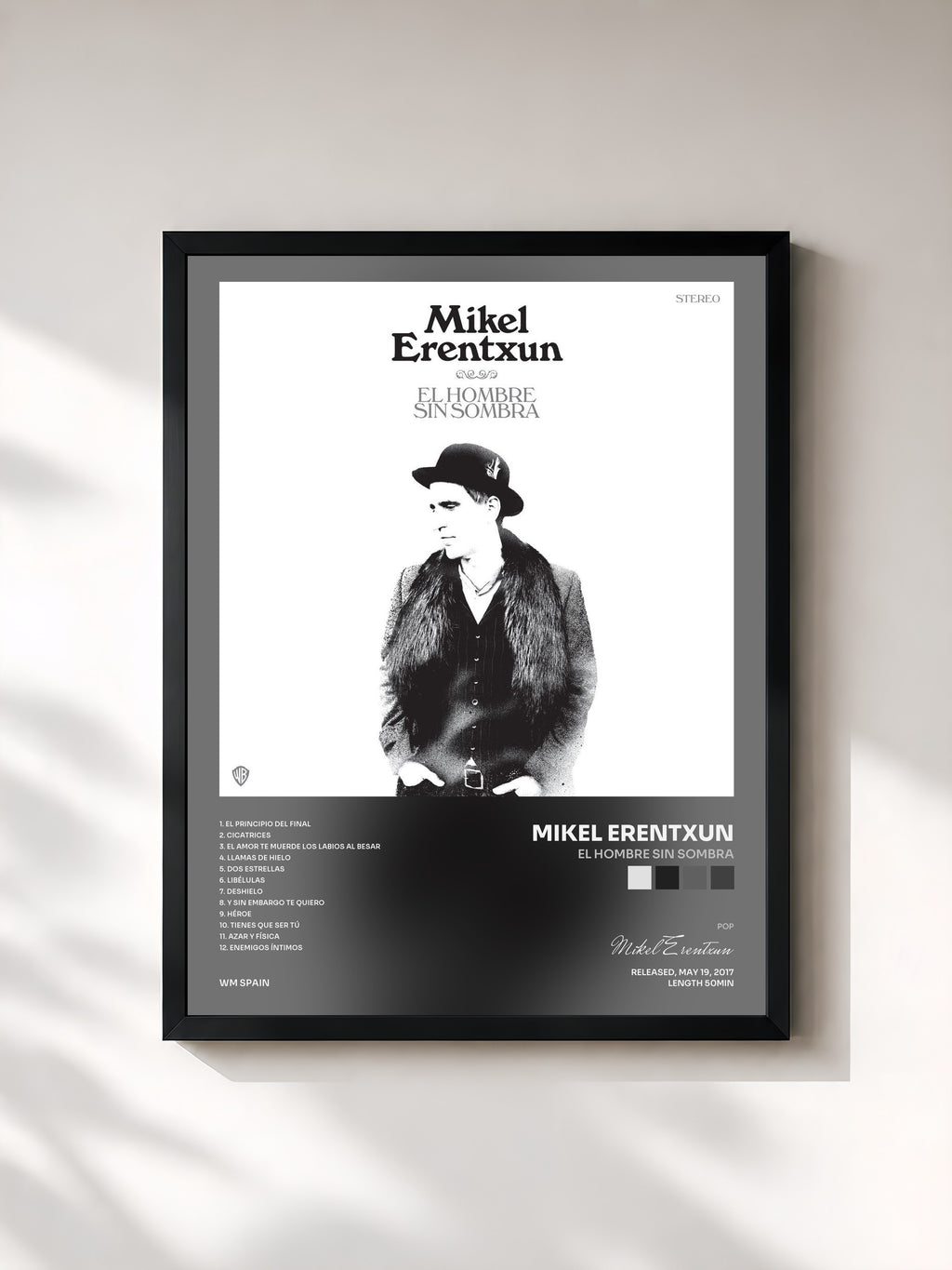 #noir Tableau de l'album El hombre sin sombra de Mikel Erentxun, cadre noir, imprimé et encadré en France