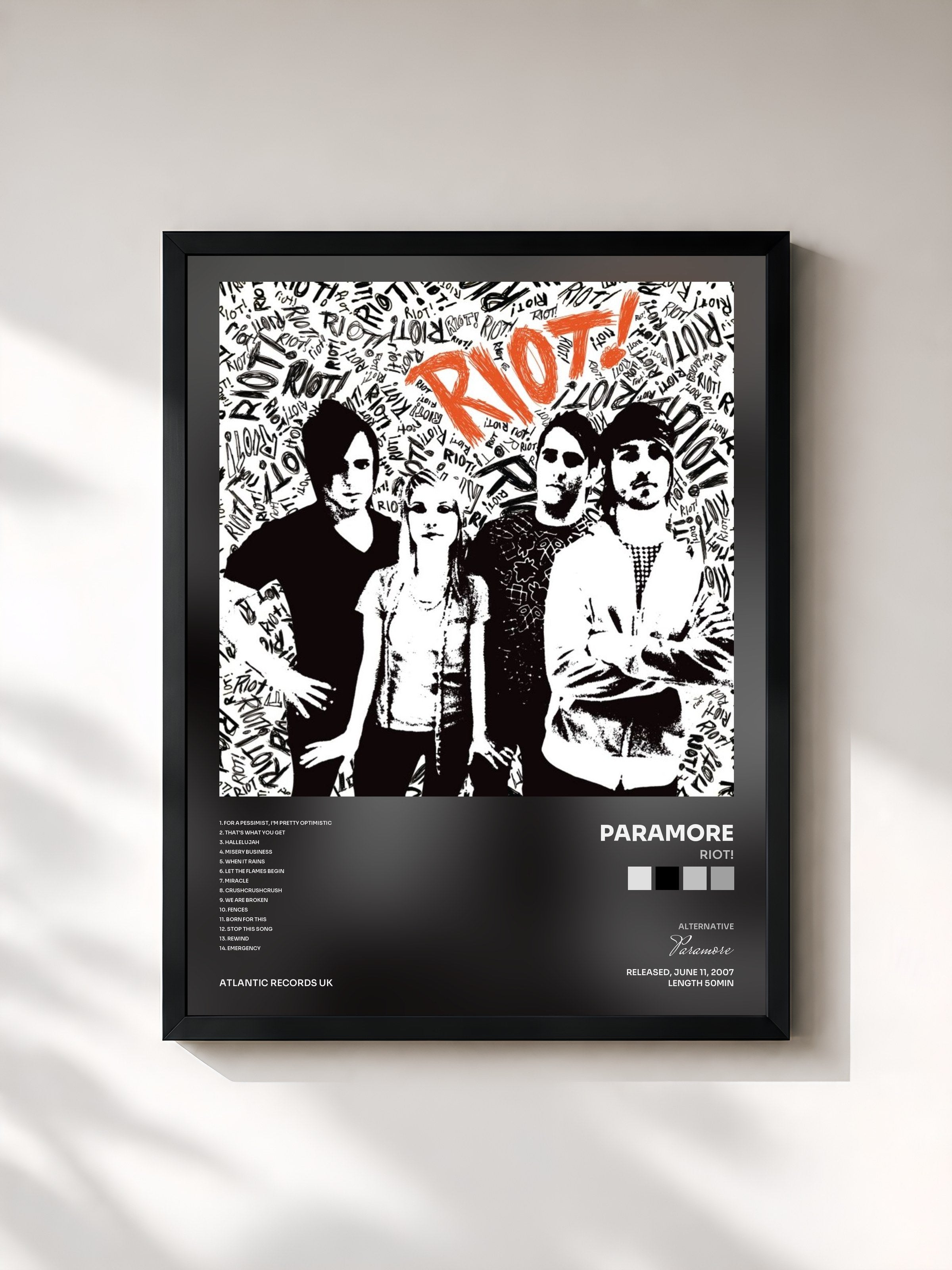 #noir Tableau de l'album Riot! de Paramore, cadre noir, imprimé et encadré en France