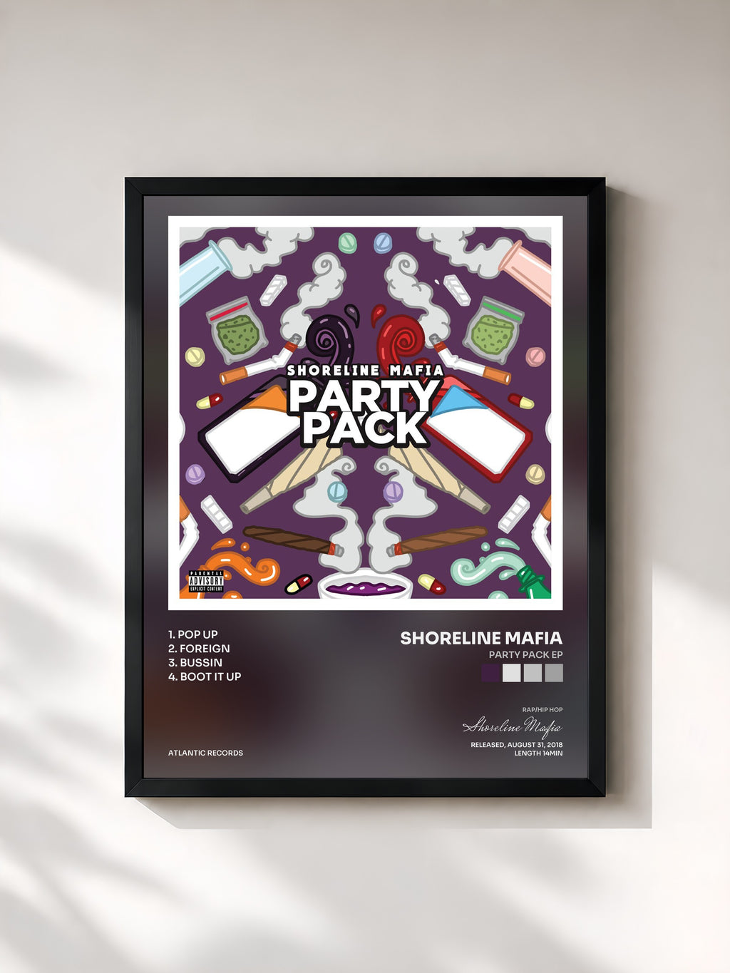 #noir Tableau de l'album Party Pack EP de Shoreline Mafia, cadre noir, imprimé et encadré en France