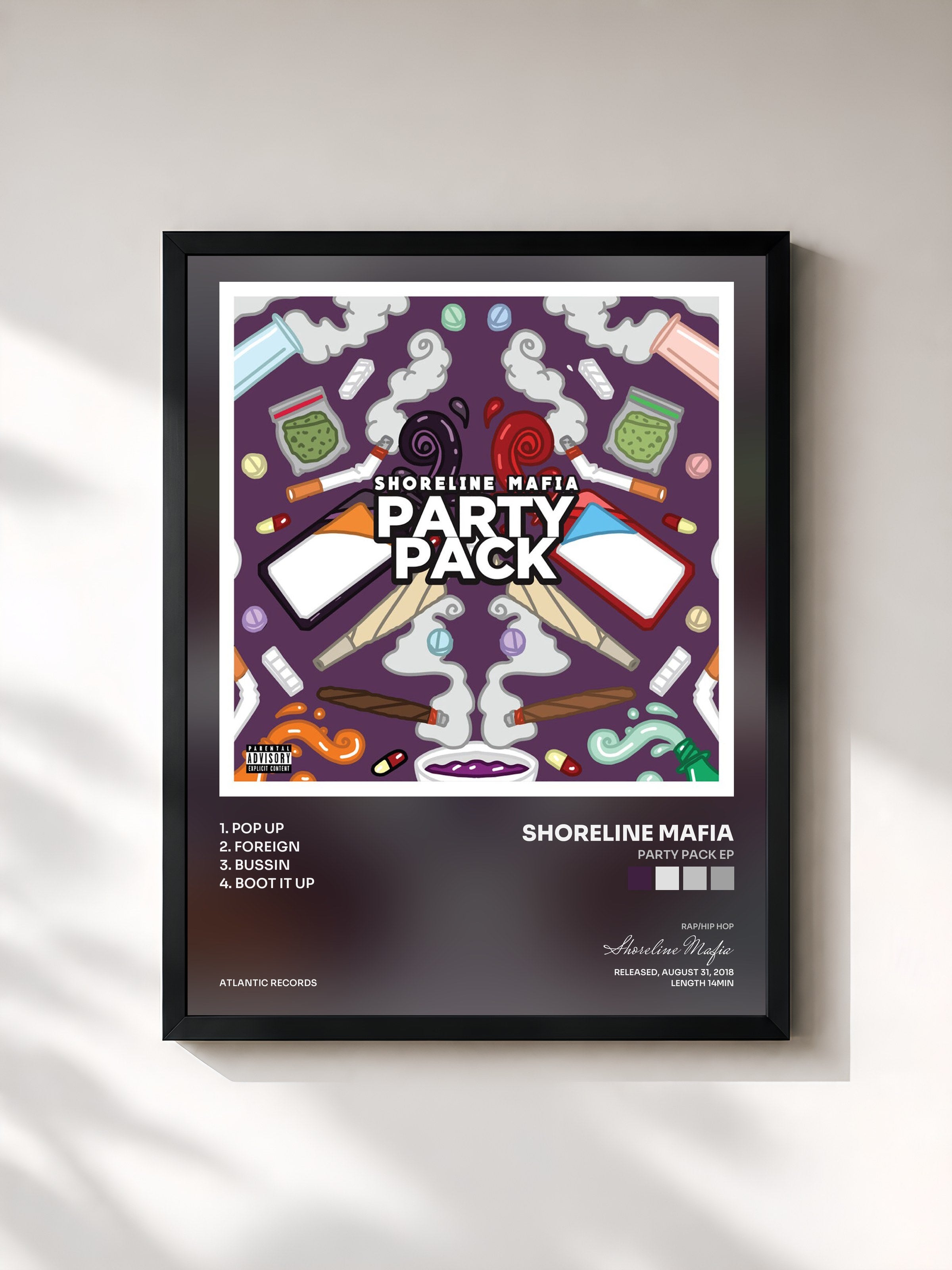 #noir Tableau de l'album Party Pack EP de Shoreline Mafia, cadre noir, imprimé et encadré en France