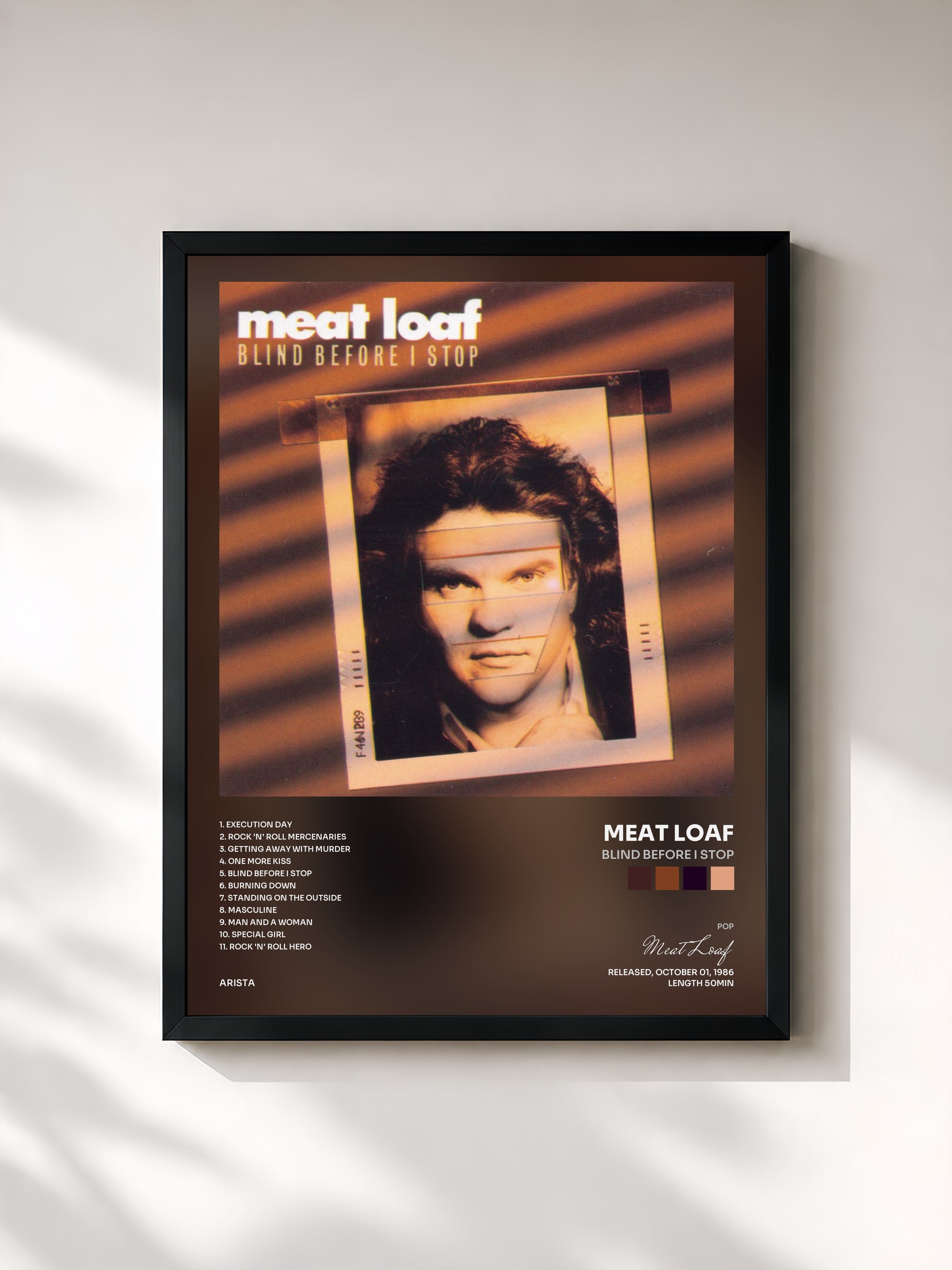 #noir Tableau de l'album Blind Before I Stop de Meat Loaf, cadre noir, imprimé et encadré en France