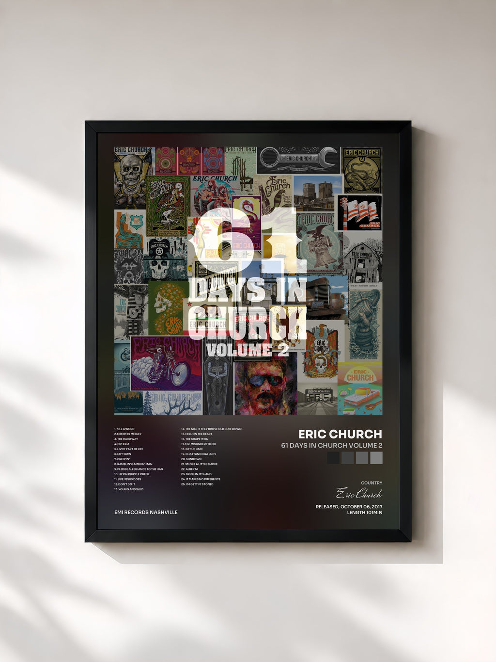 #noir Tableau de l'album 61 Days In Church Volume 2 de Eric Church, cadre noir, imprimé et encadré en France