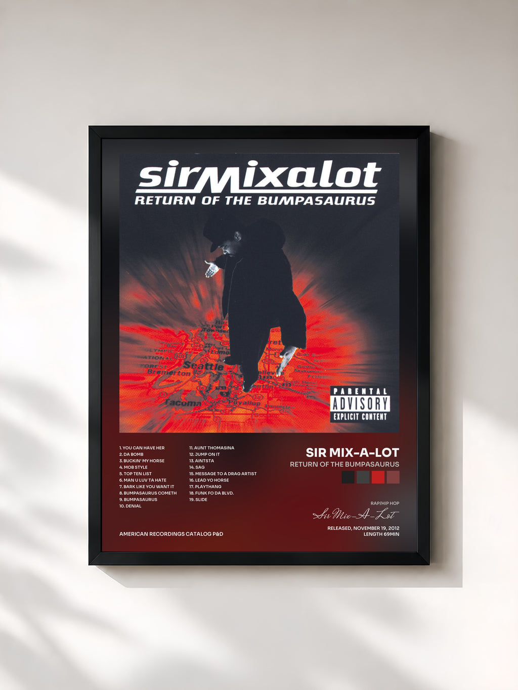#noir Tableau de l'album Return Of The Bumpasaurus de Sir Mix-A-Lot, cadre noir, imprimé et encadré en France