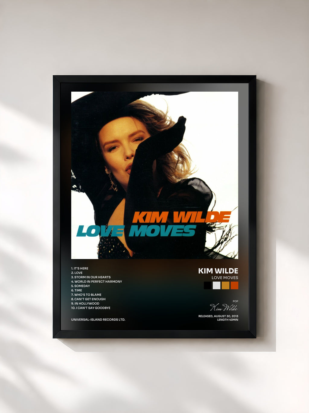 #noir Tableau de l'album Love Moves de Kim Wilde, cadre noir, imprimé et encadré en France