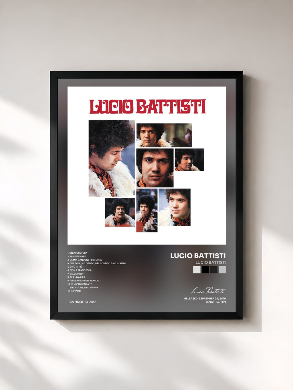 #noir Tableau de l'album Lucio Battisti de Lucio Battisti, cadre noir, imprimé et encadré en France