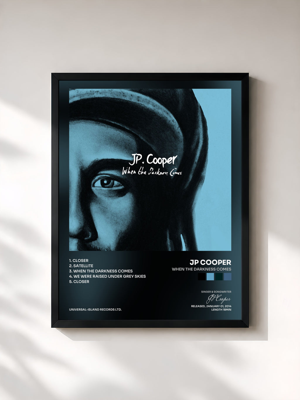 #noir Tableau de l'album When The Darkness Comes de JP Cooper, cadre noir, imprimé et encadré en France