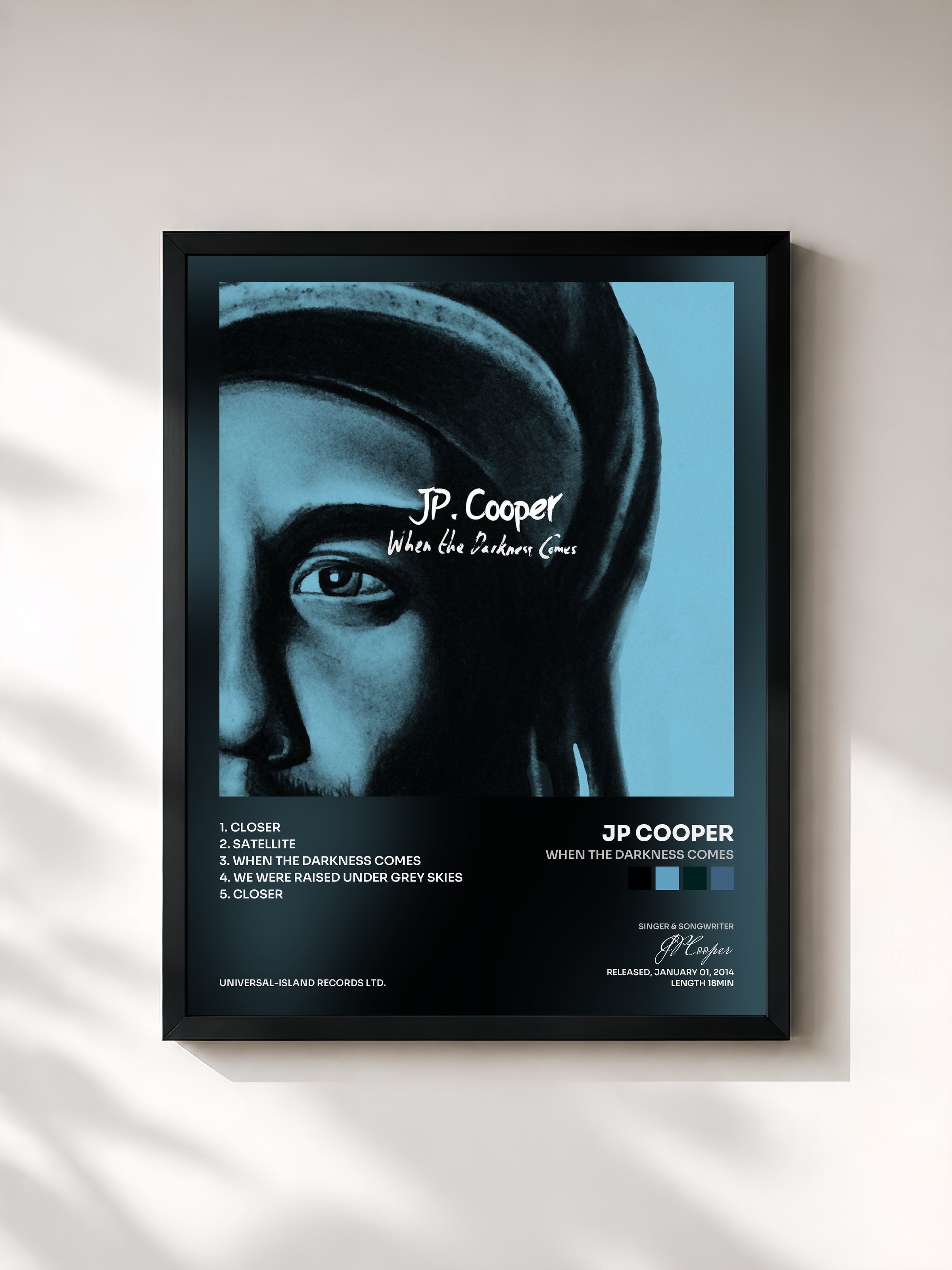 #noir Tableau de l'album When The Darkness Comes de JP Cooper, cadre noir, imprimé et encadré en France