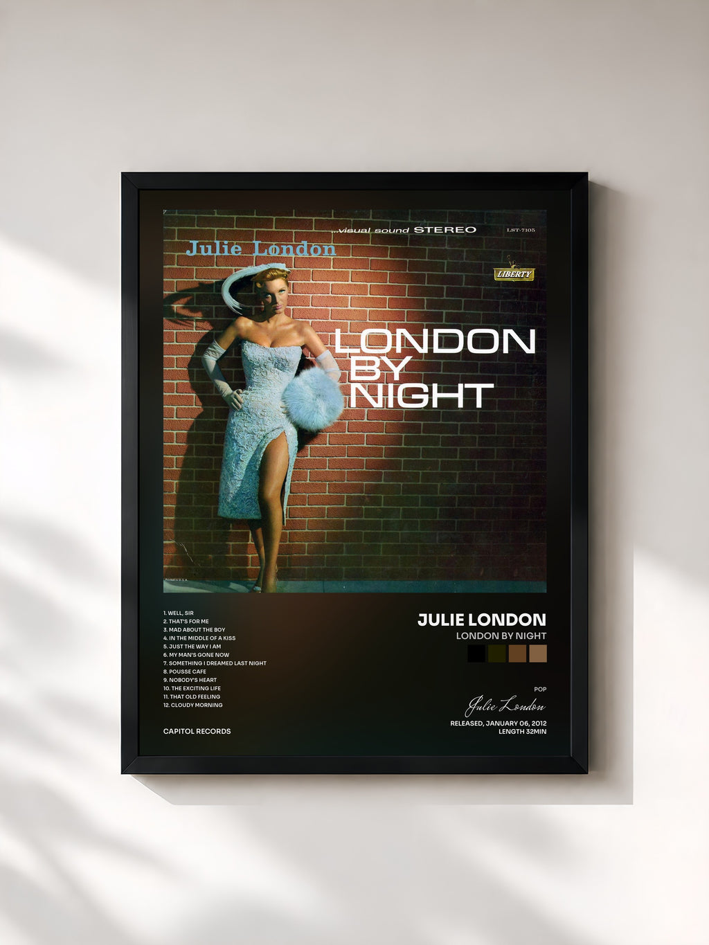 #noir Tableau de l'album London By Night de Julie London, cadre noir, imprimé et encadré en France