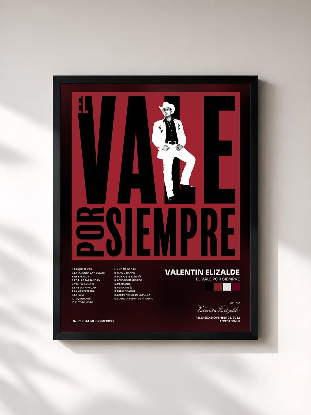 #noir Tableau de l'album El Vale Por Siempre de Valentin Elizalde, cadre noir, imprimé et encadré en France