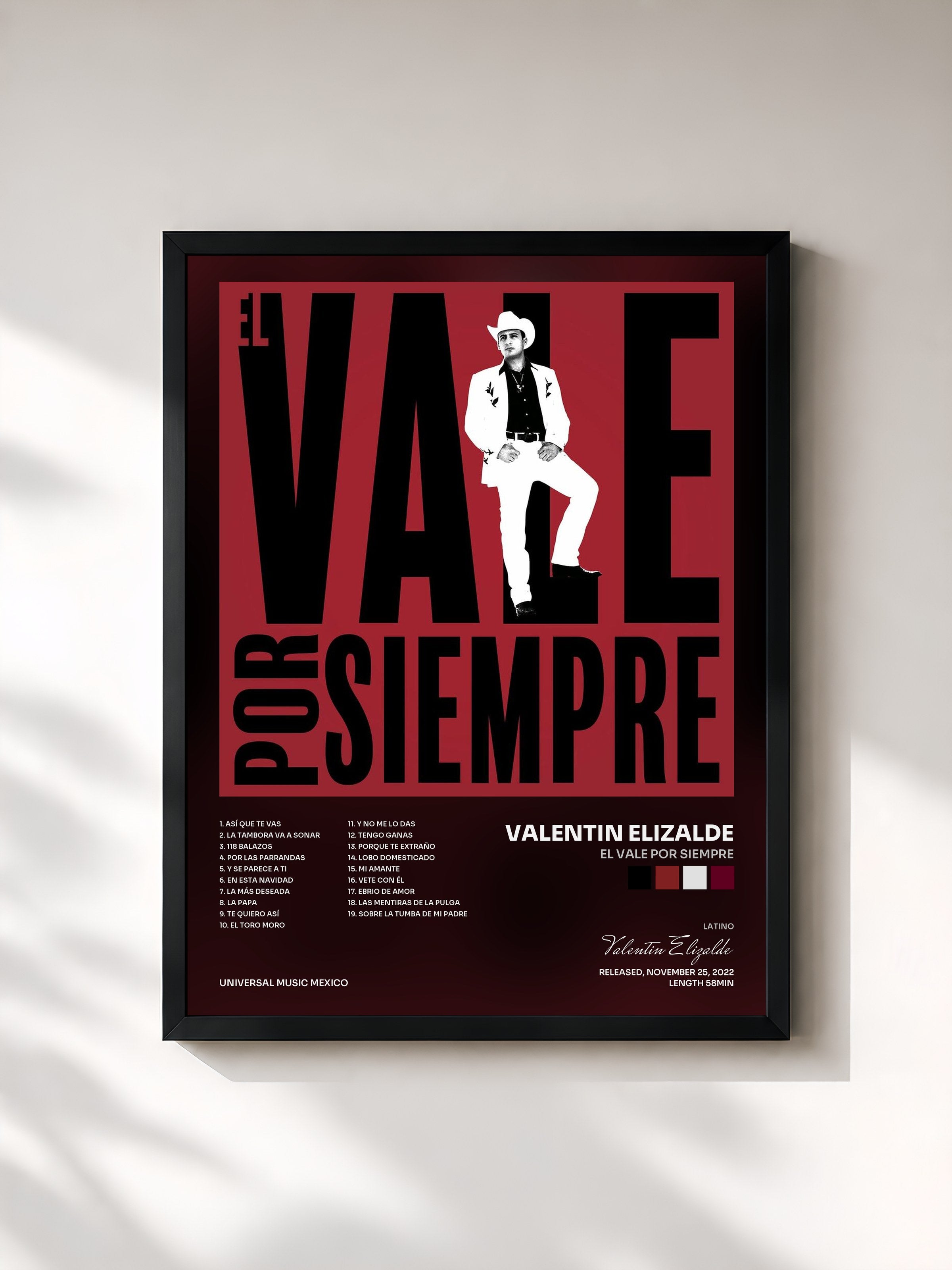 #noir Tableau de l'album El Vale Por Siempre de Valentin Elizalde, cadre noir, imprimé et encadré en France