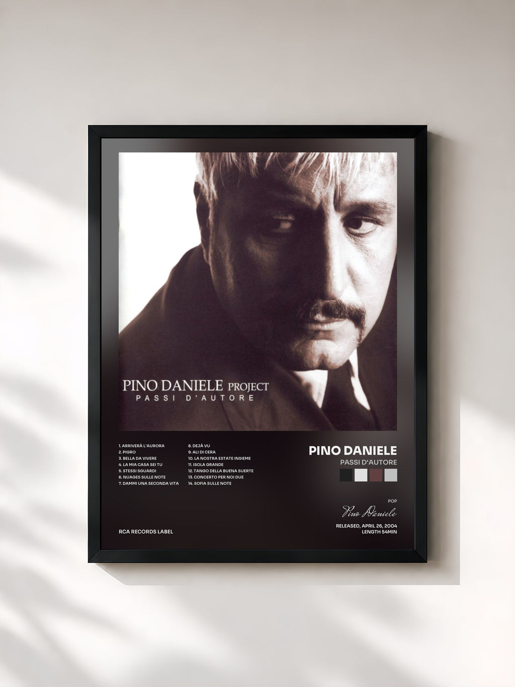 #noir Tableau de l'album Passi D'Autore de Pino Daniele, cadre noir, imprimé et encadré en France