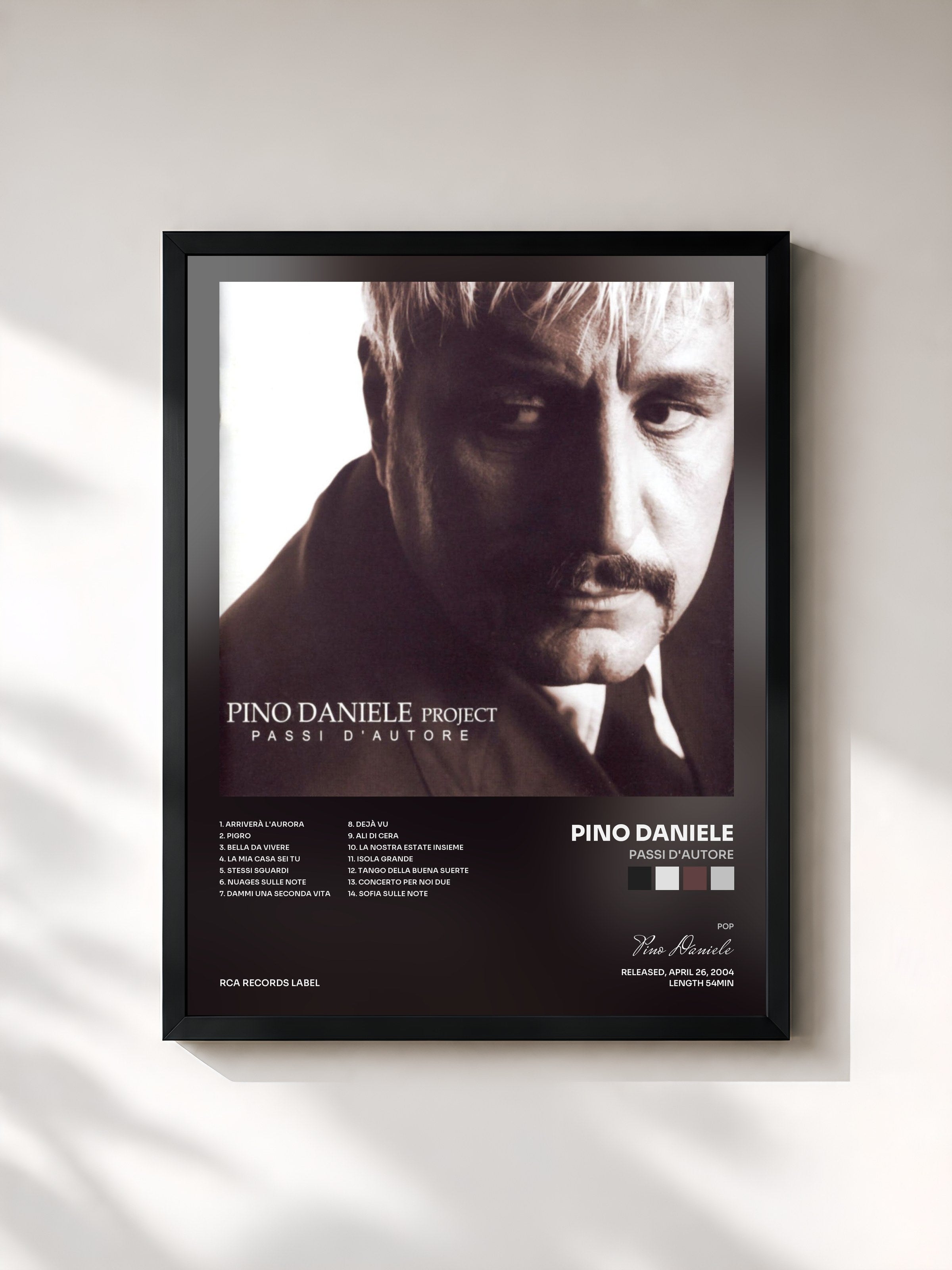 #noir Tableau de l'album Passi D'Autore de Pino Daniele, cadre noir, imprimé et encadré en France