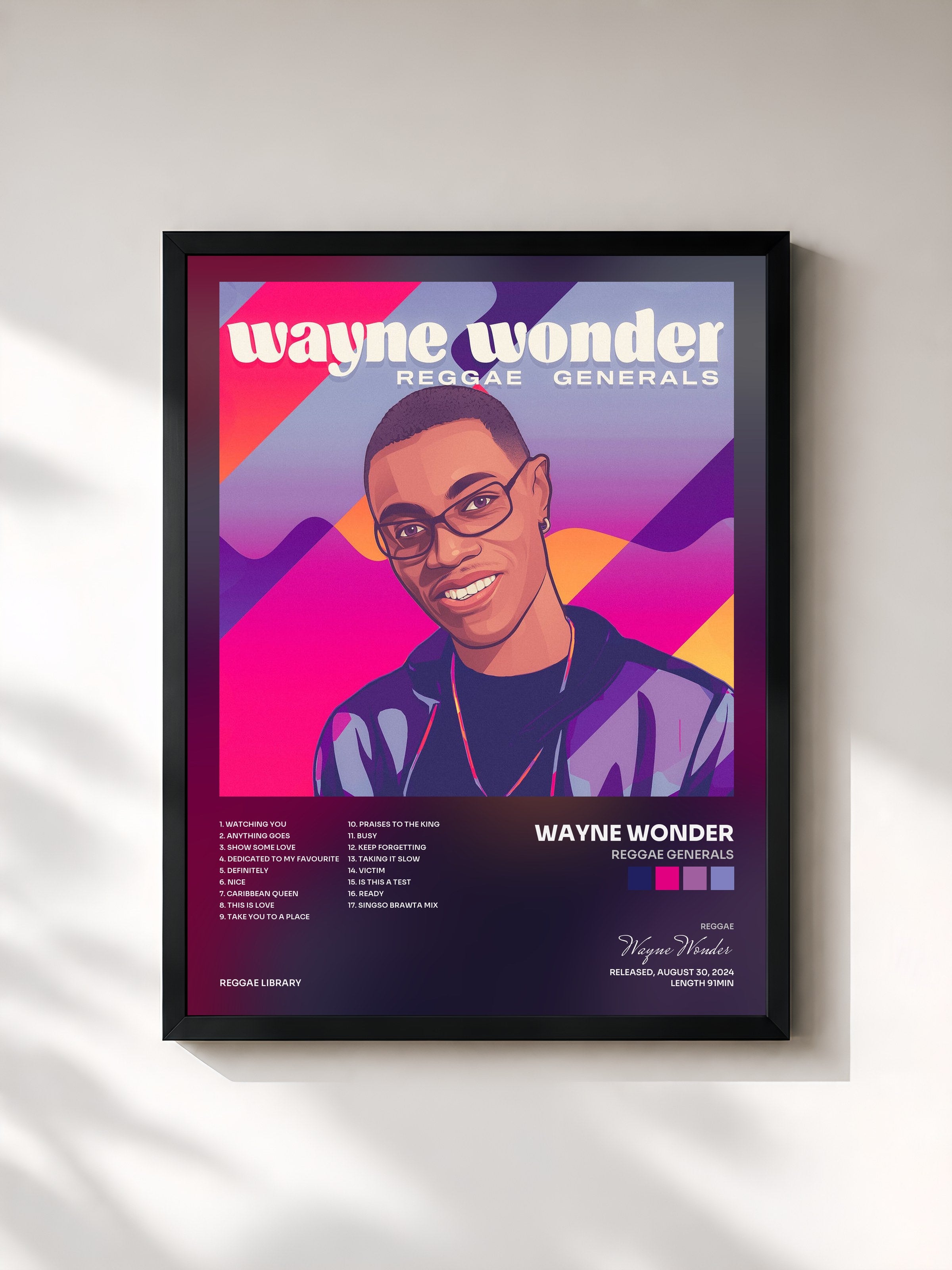 #noir Tableau de l'album Reggae Generals de Wayne Wonder, cadre noir, imprimé et encadré en France