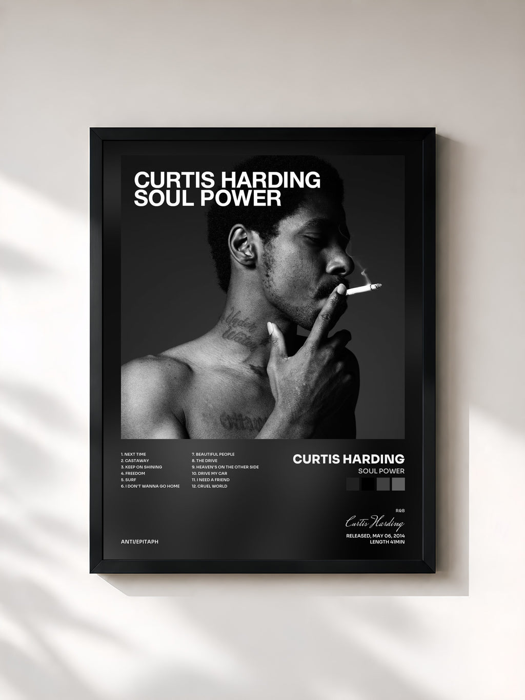 #noir Tableau de l'album Soul Power de Curtis Harding, cadre noir, imprimé et encadré en France