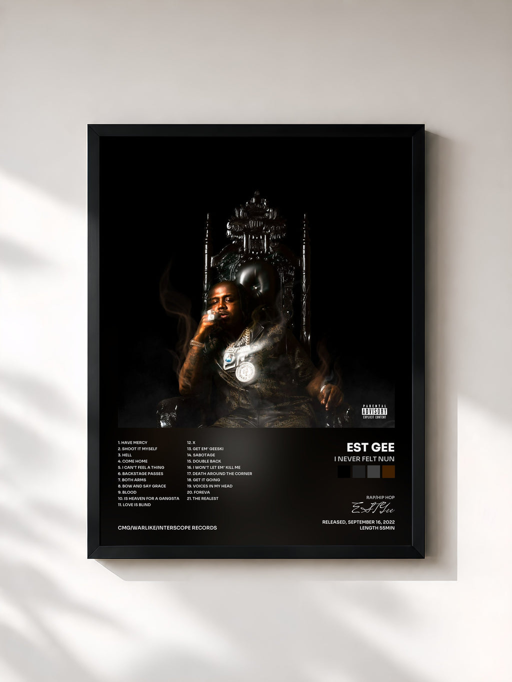 #noir Tableau de l'album I Never Felt Nun de EST Gee, cadre noir, imprimé et encadré en France