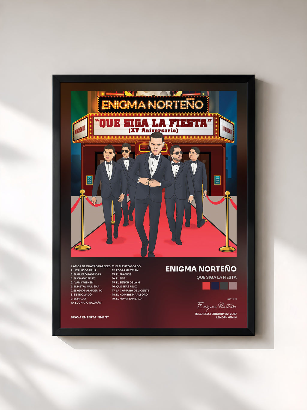 #noir Tableau de l'album Que Siga La Fiesta de Enigma Norteño, cadre noir, imprimé et encadré en France