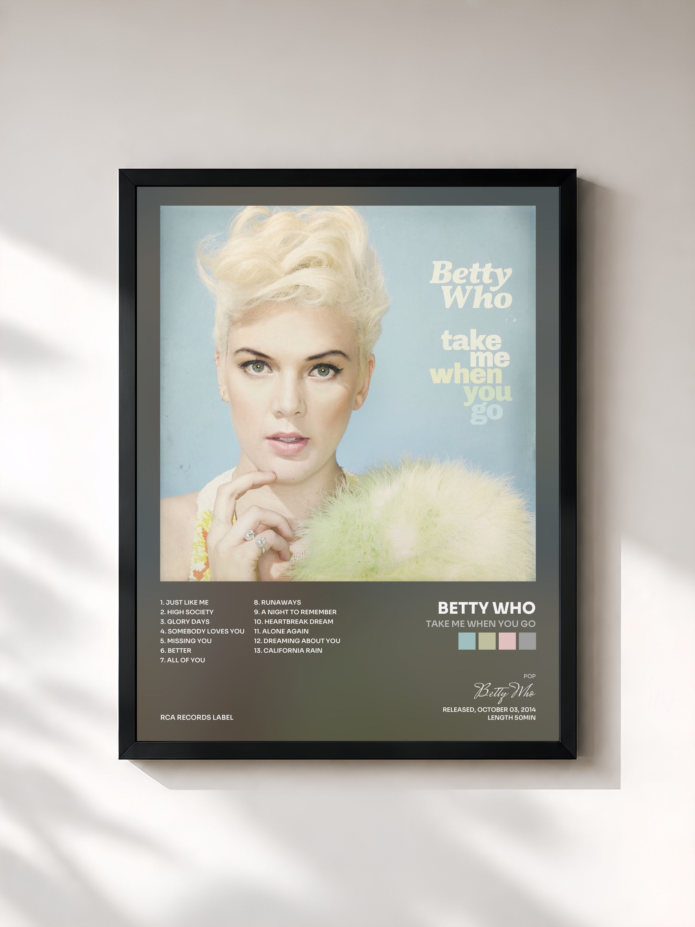 #noir Tableau de l'album Take Me When You Go de Betty Who, cadre noir, imprimé et encadré en France