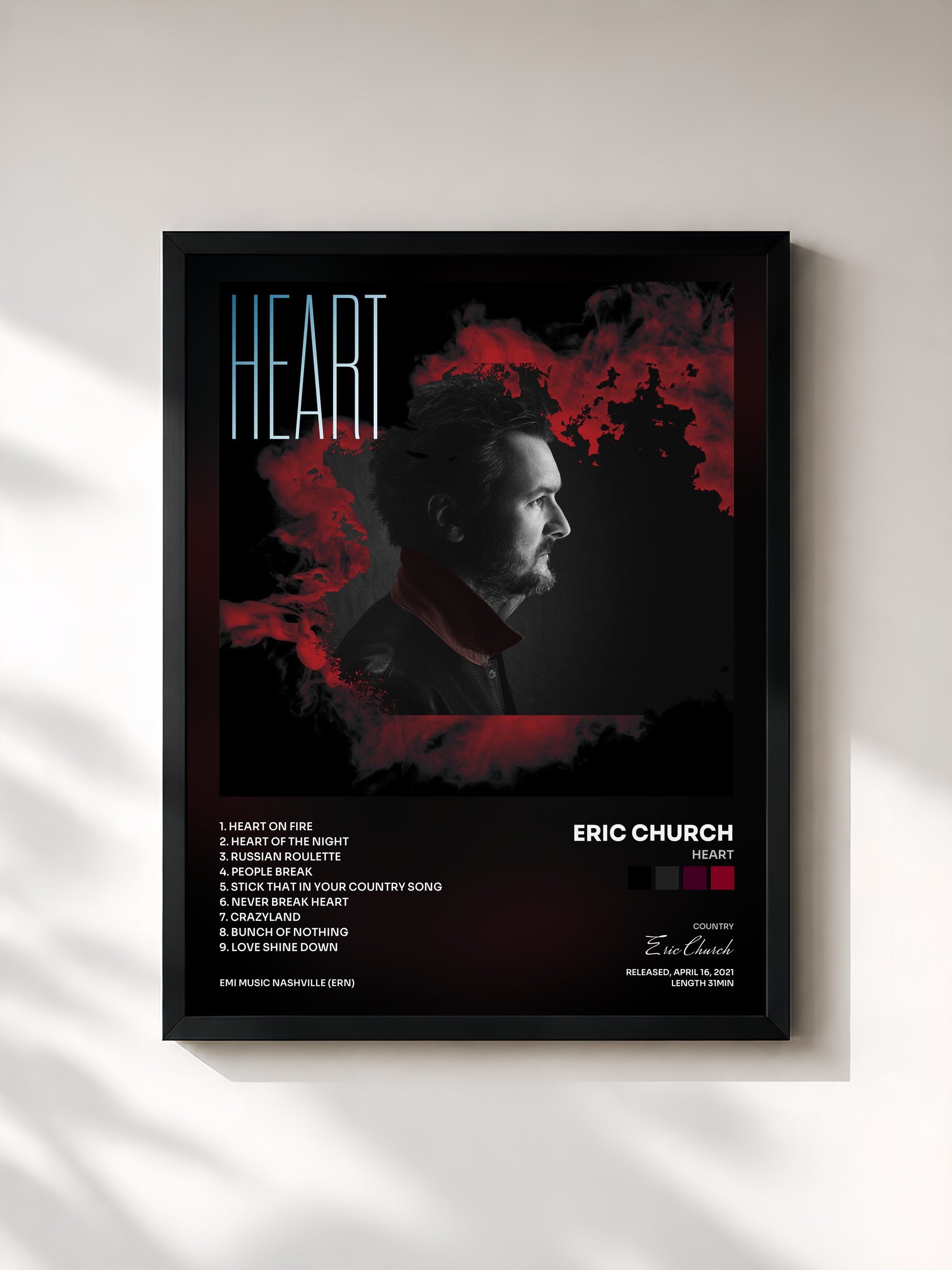 #noir Tableau de l'album Heart de Eric Church, cadre noir, imprimé et encadré en France