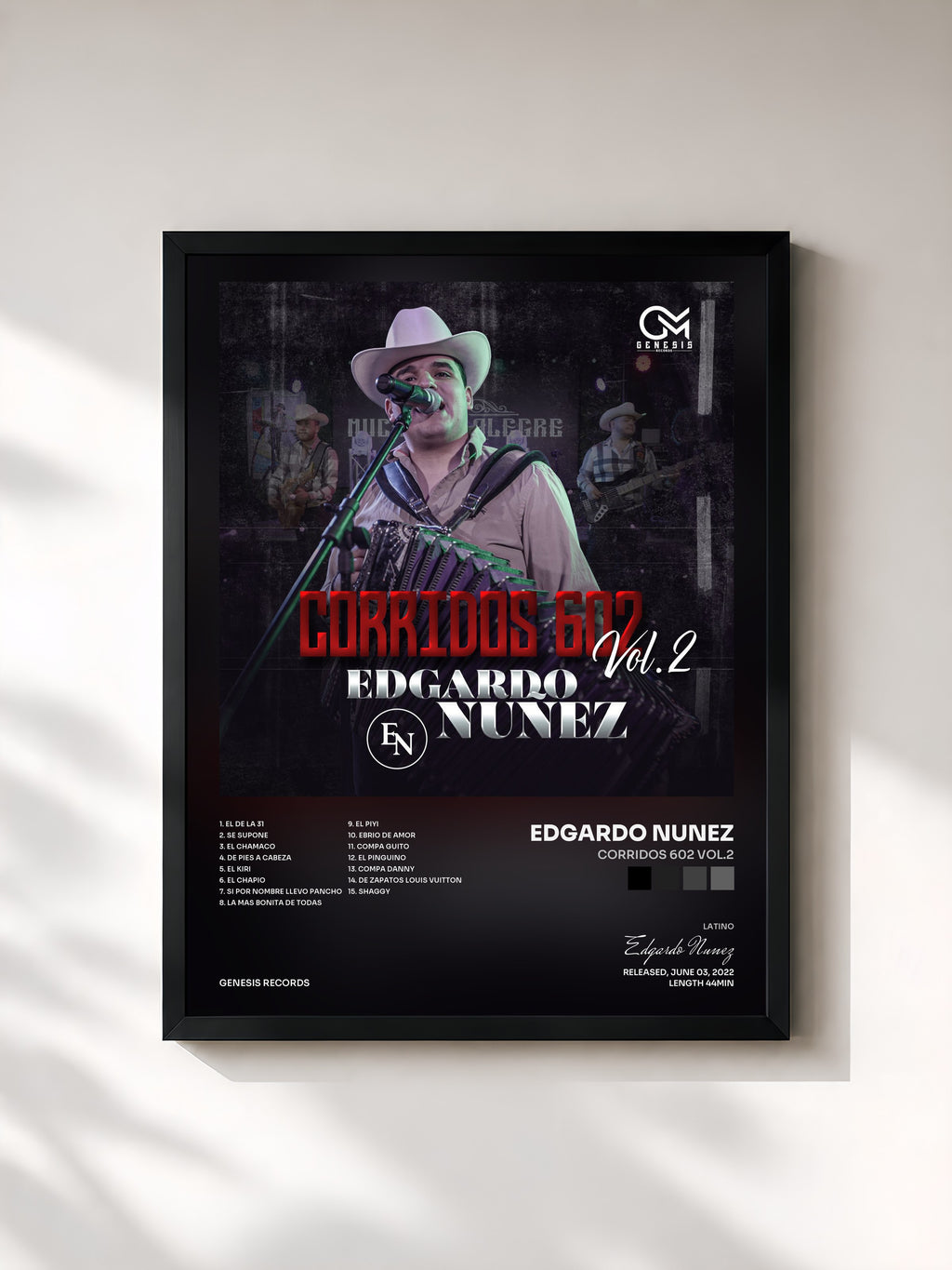 #noir Tableau de l'album Corridos 602 Vol.2 de Edgardo Nunez, cadre noir, imprimé et encadré en France