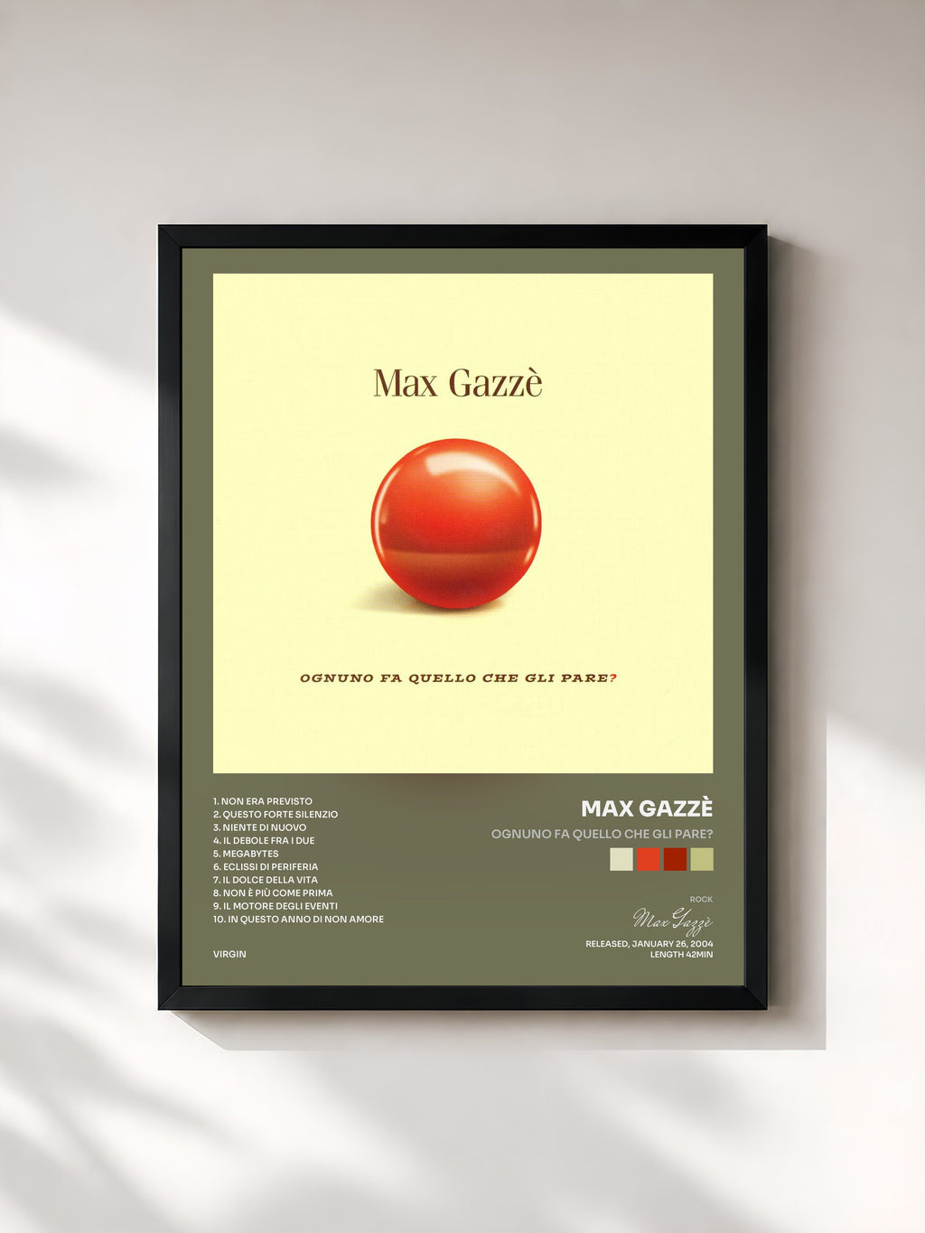 #noir Tableau de l'album Ognuno Fa Quello Che Gli Pare? de Max Gazzè, cadre noir, imprimé et encadré en France