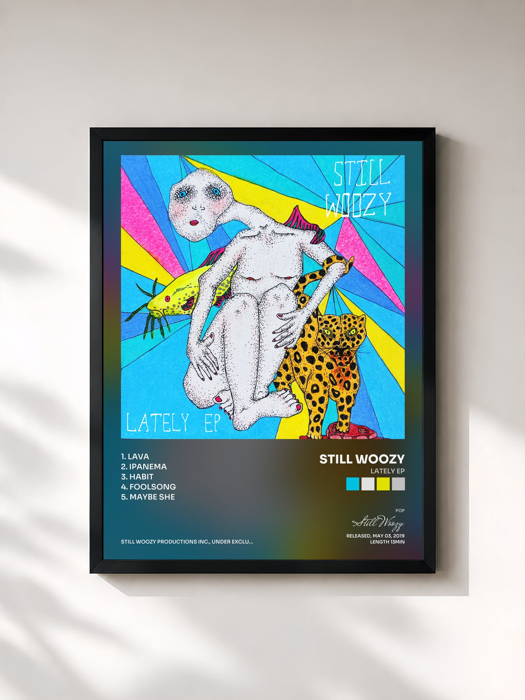 #noir Tableau de l'album Lately EP de Still Woozy, cadre noir, imprimé et encadré en France