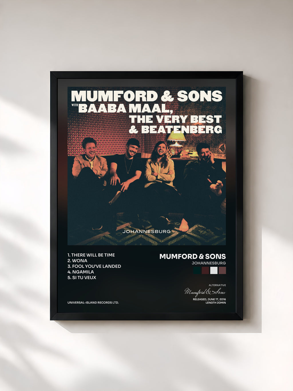#noir Tableau de l'album Johannesburg de Mumford & Sons, cadre noir, imprimé et encadré en France