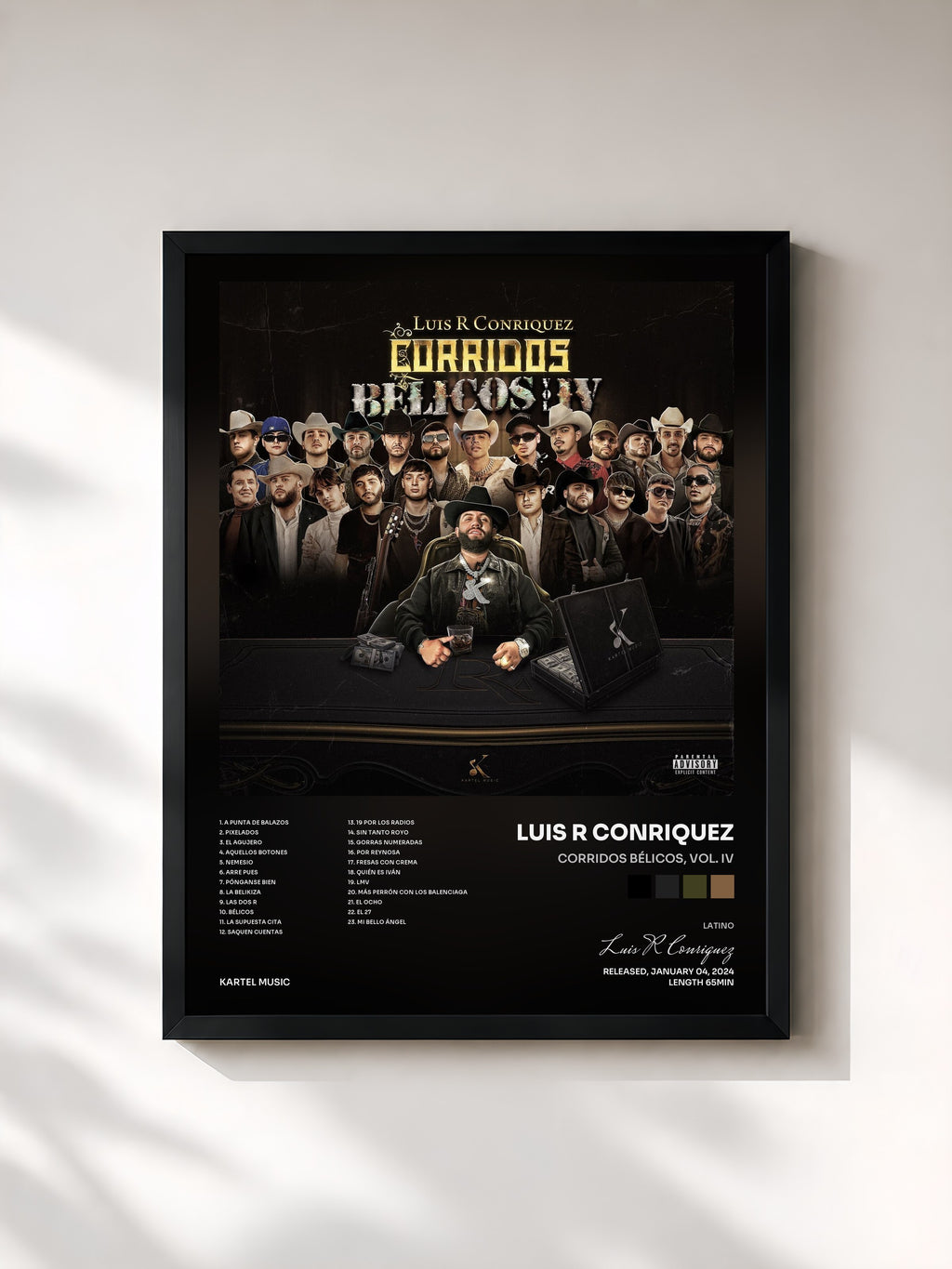 #noir Tableau de l'album Corridos Bélicos, Vol. IV de Luis R Conriquez, cadre noir, imprimé et encadré en France