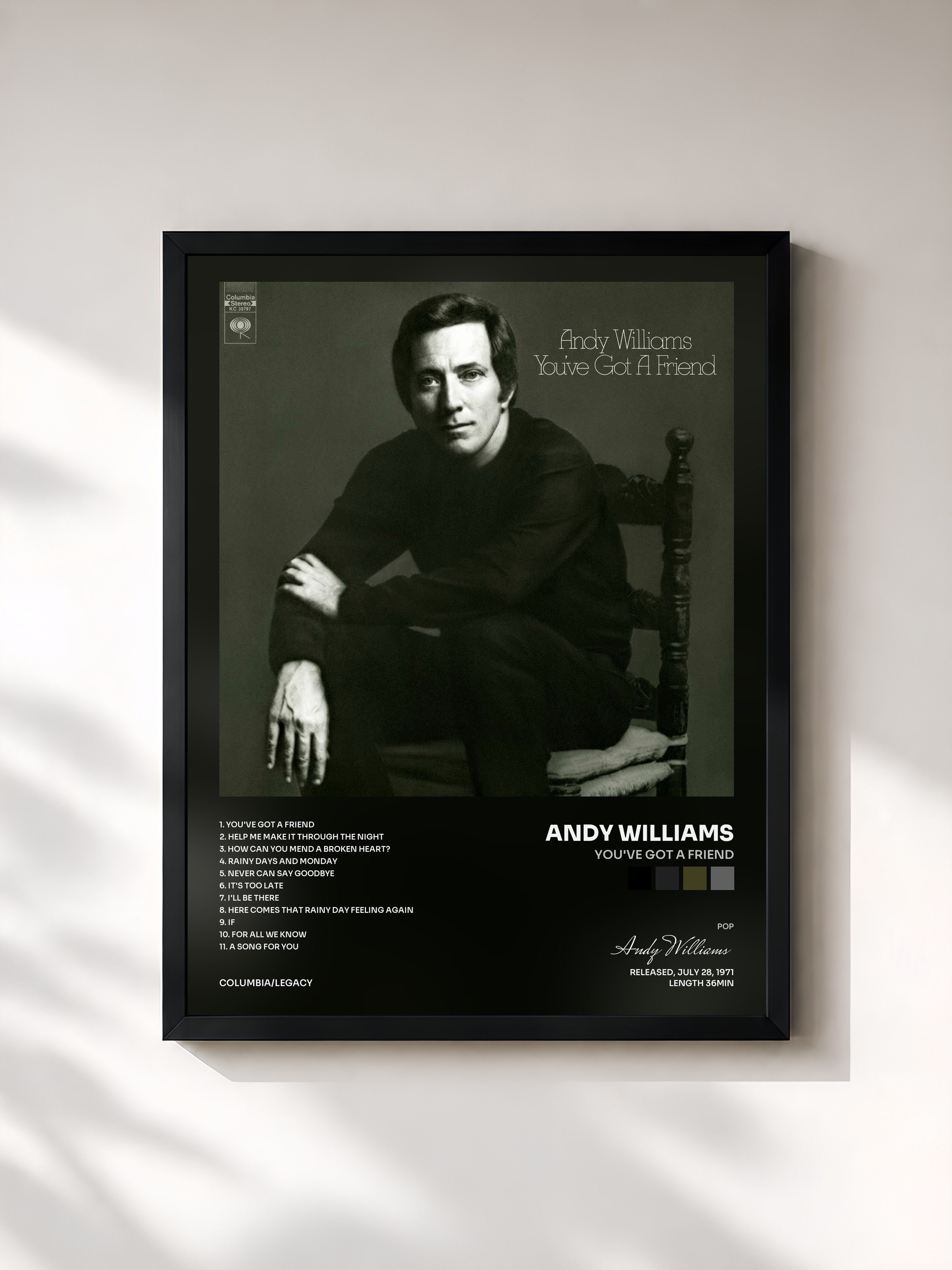 #noir Tableau de l'album You've Got a Friend de Andy Williams, cadre noir, imprimé et encadré en France