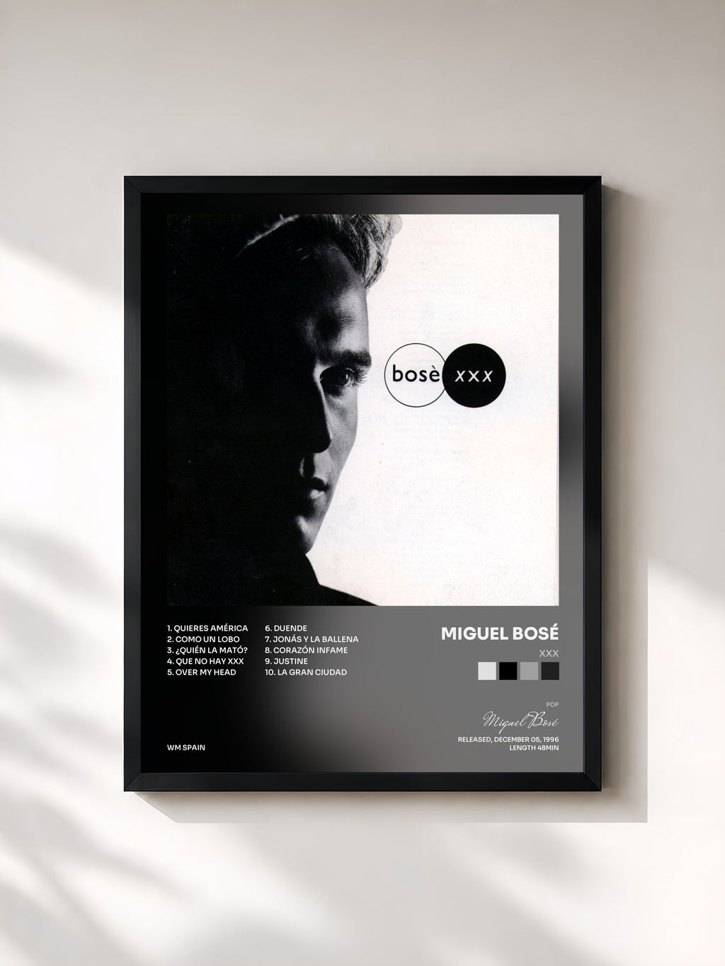 #noir Tableau de l'album XXX de Miguel Bosé, cadre noir, imprimé et encadré en France