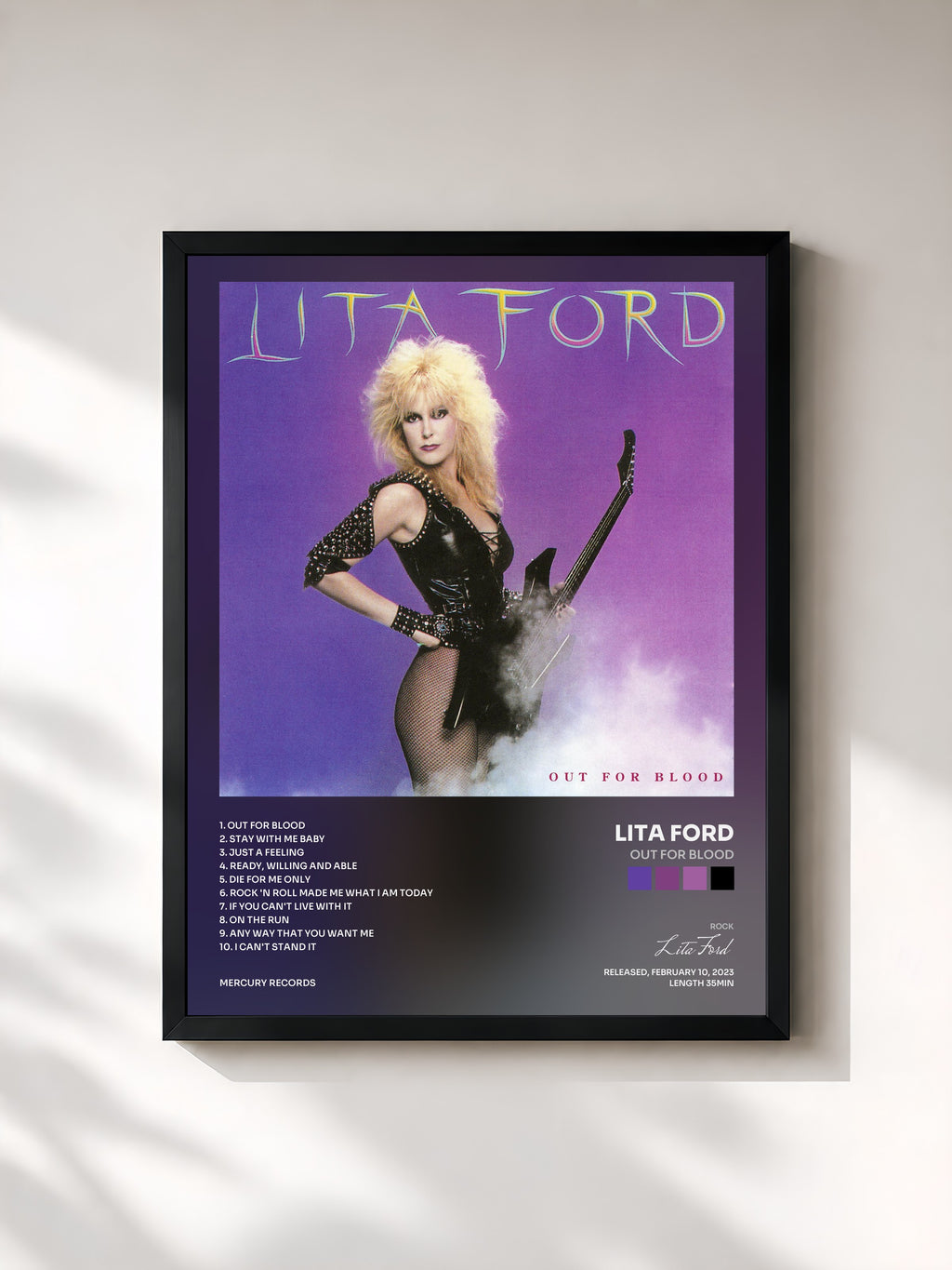 #noir Tableau de l'album Out For Blood de Lita Ford, cadre noir, imprimé et encadré en France