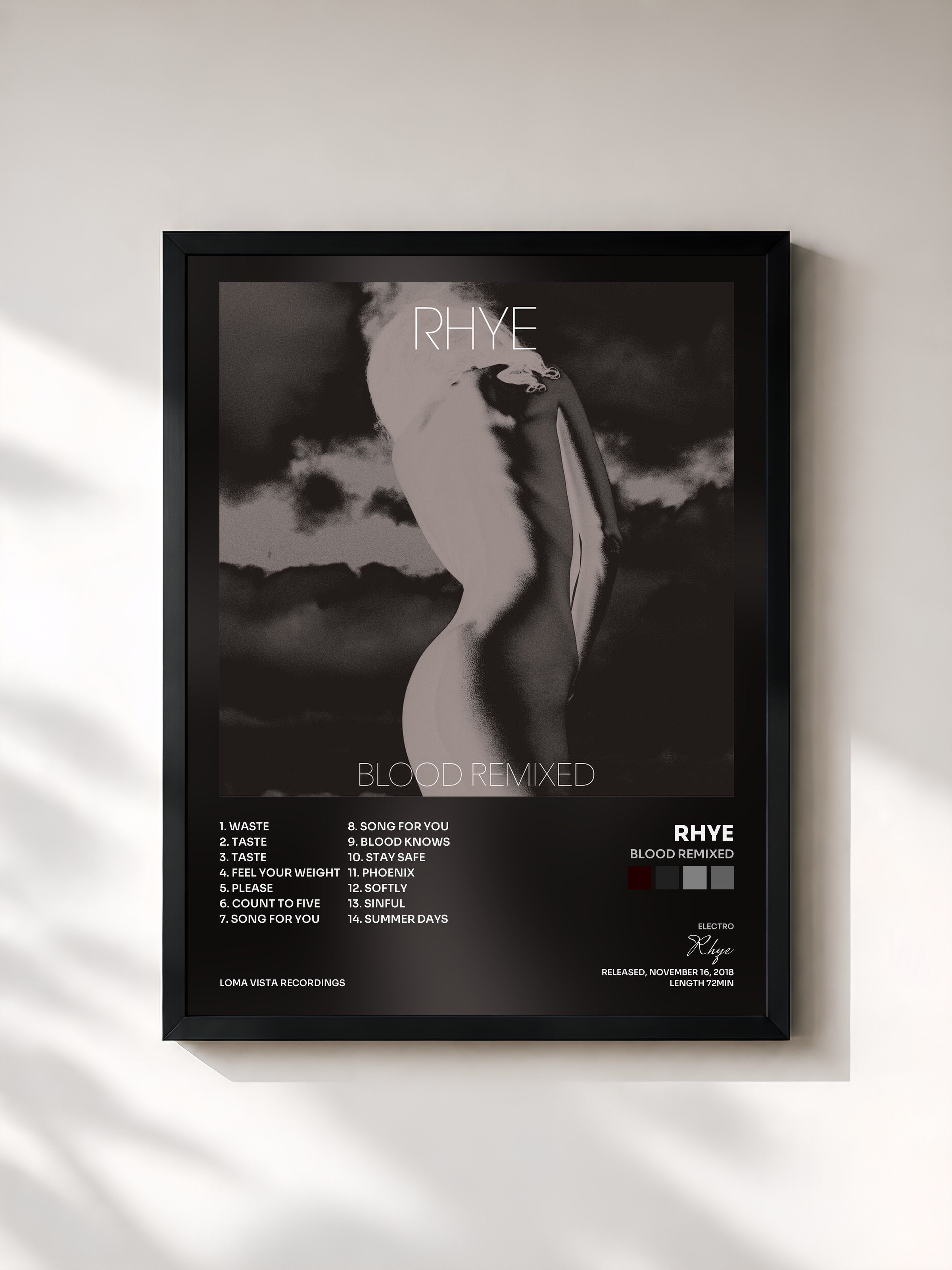#noir Tableau de l'album Blood Remixed de Rhye, cadre noir, imprimé et encadré en France