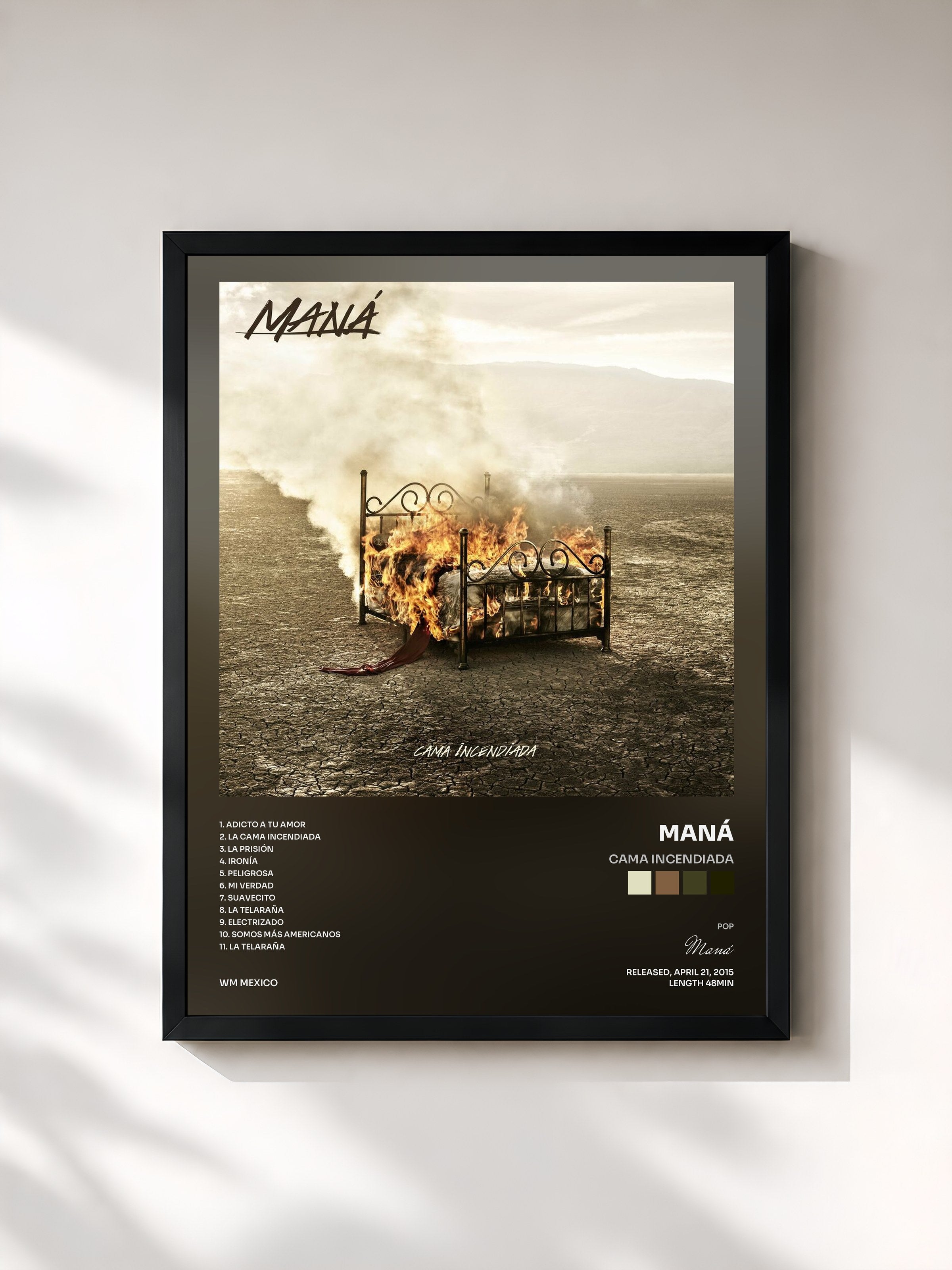 #noir Tableau de l'album Cama Incendiada de Maná, cadre noir, imprimé et encadré en France