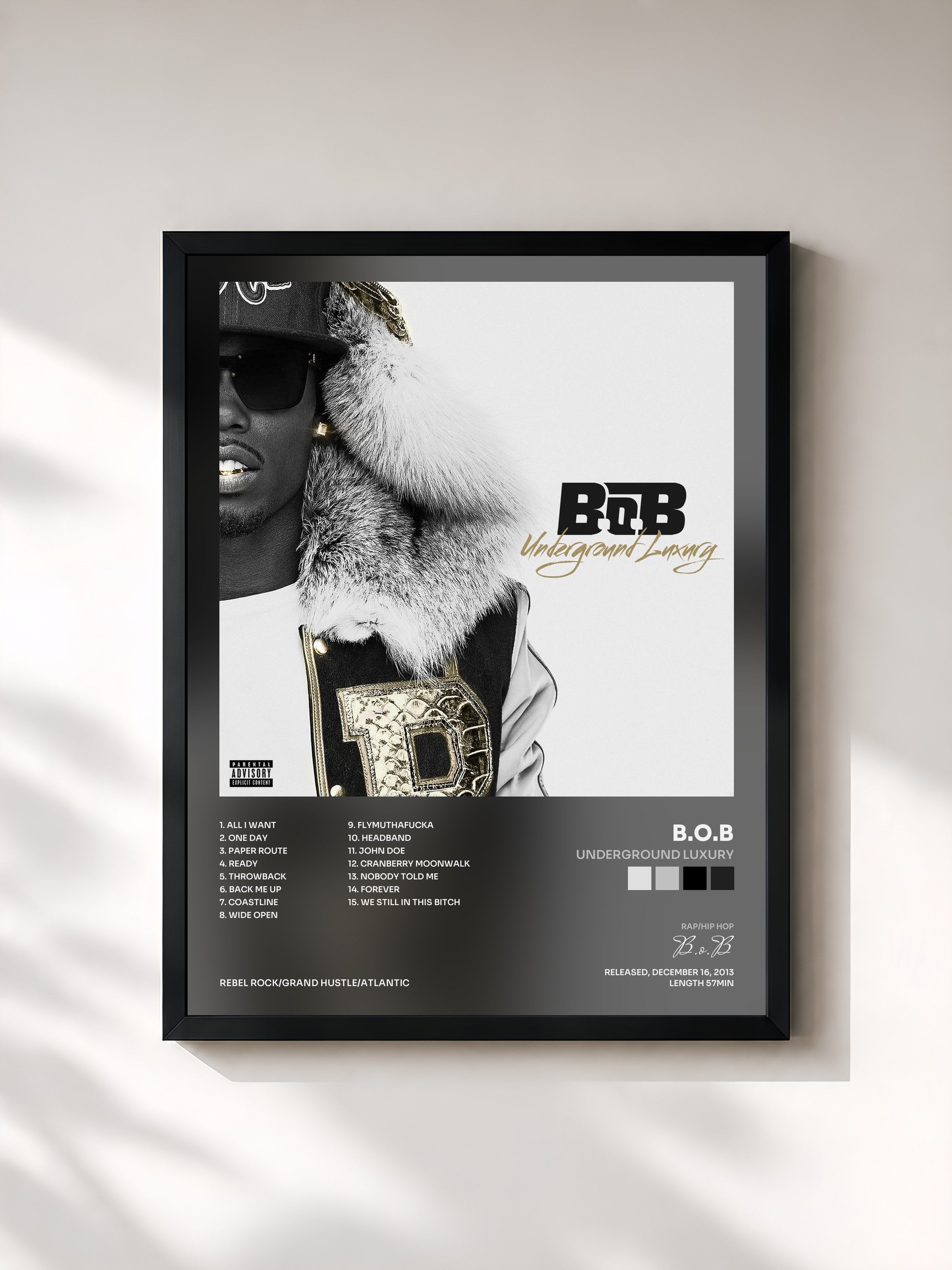 #noir Tableau de l'album Underground Luxury de B.o.B, cadre noir, imprimé et encadré en France