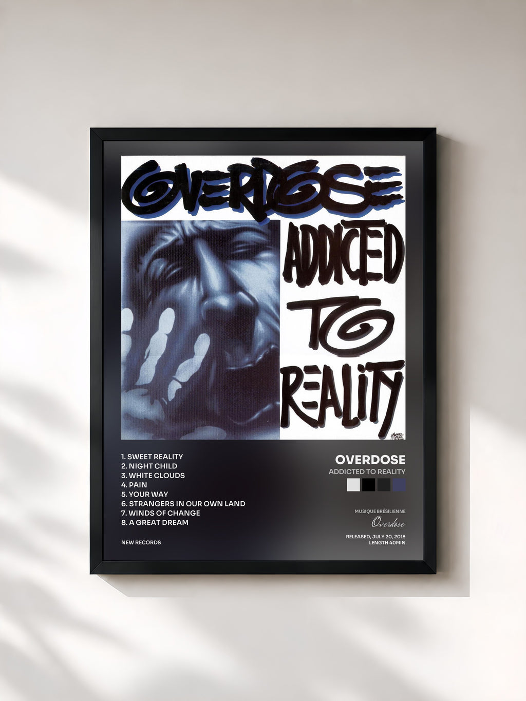 #noir Tableau de l'album Addicted to Reality de Overdose, cadre noir, imprimé et encadré en France