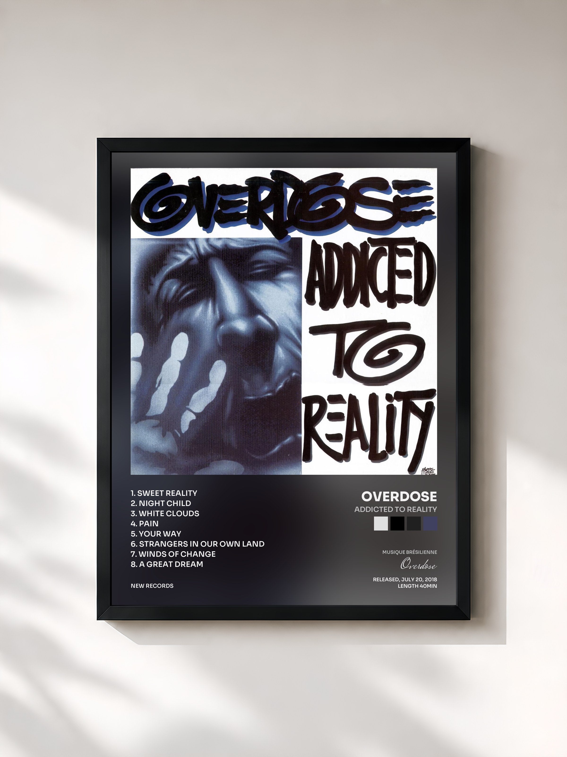 #noir Tableau de l'album Addicted to Reality de Overdose, cadre noir, imprimé et encadré en France