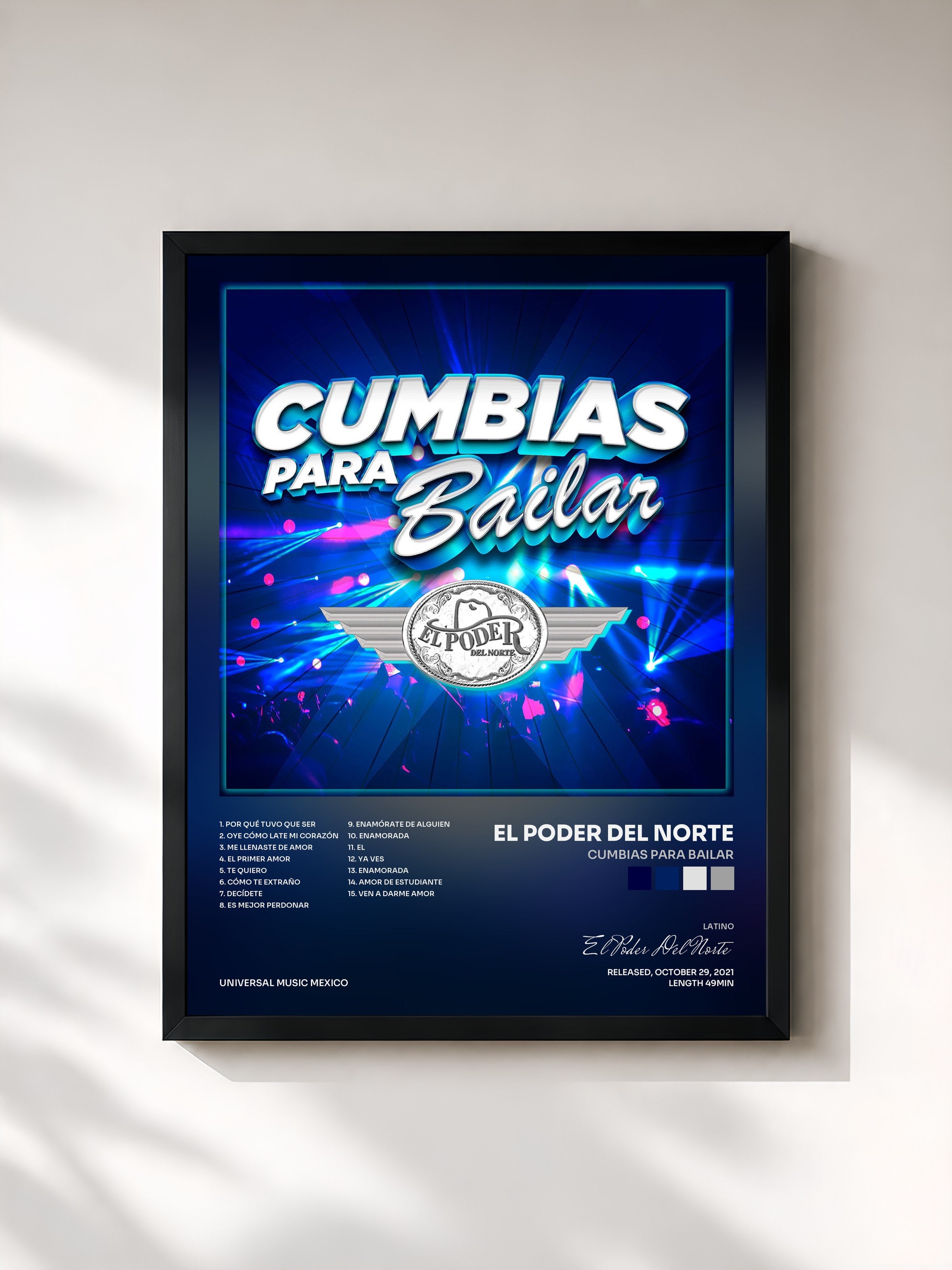 #noir Tableau de l'album Cumbias Para Bailar de El Poder Del Norte, cadre noir, imprimé et encadré en France
