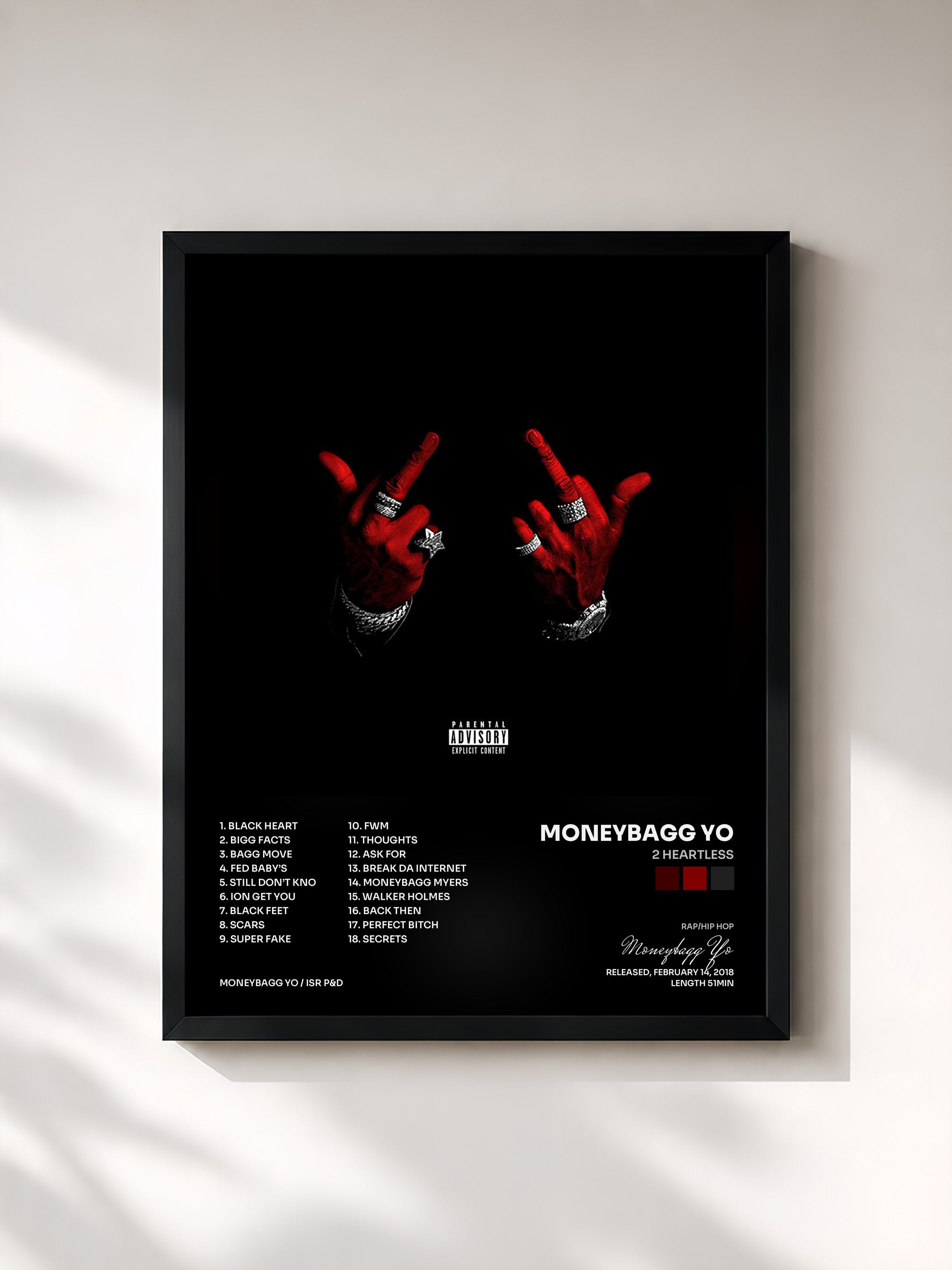 #noir Tableau de l'album 2 Heartless de Moneybagg Yo, cadre noir, imprimé et encadré en France