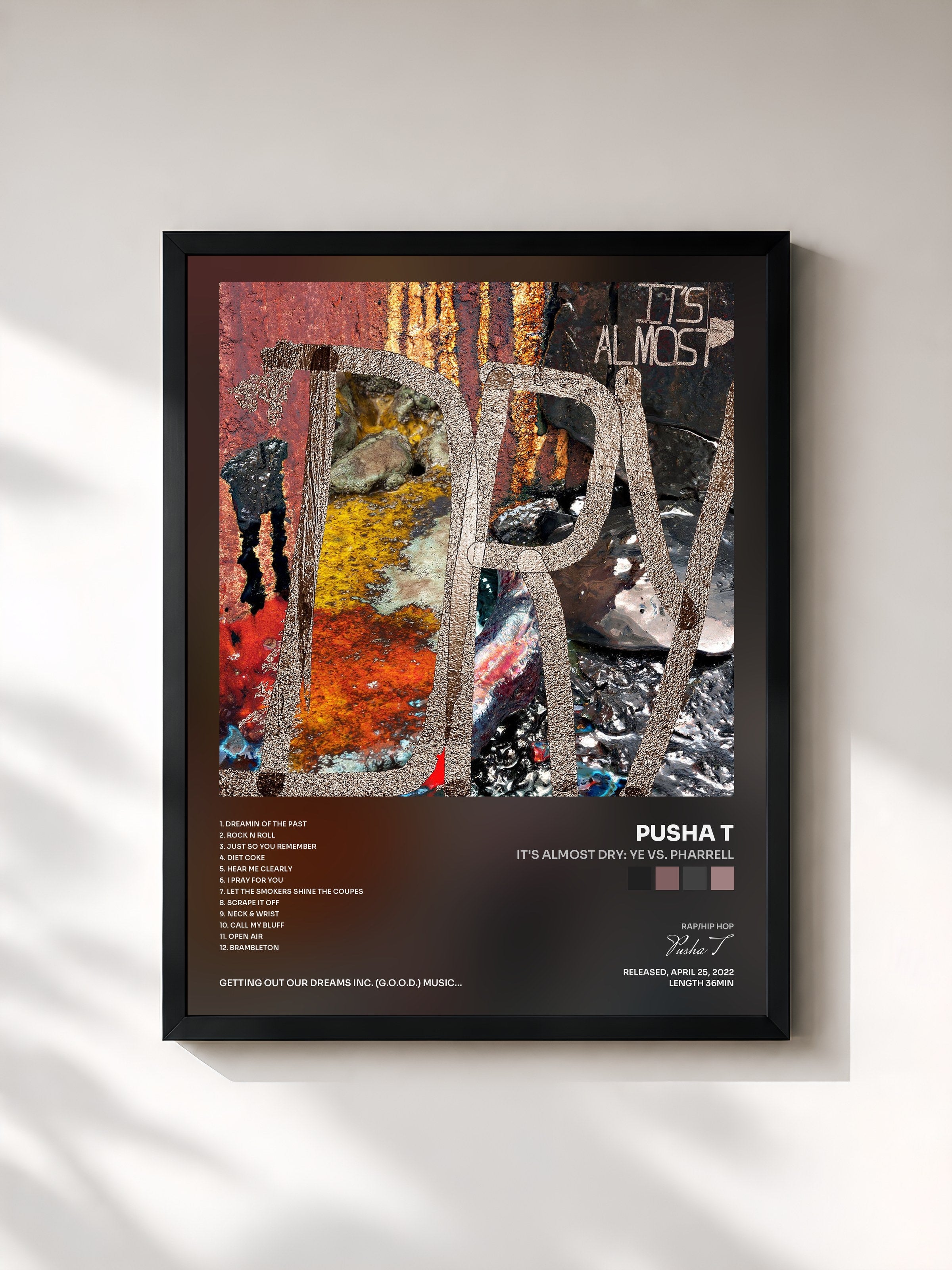 #noir Tableau de l'album It's Almost Dry: Ye vs. Pharrell de Pusha T, cadre noir, imprimé et encadré en France