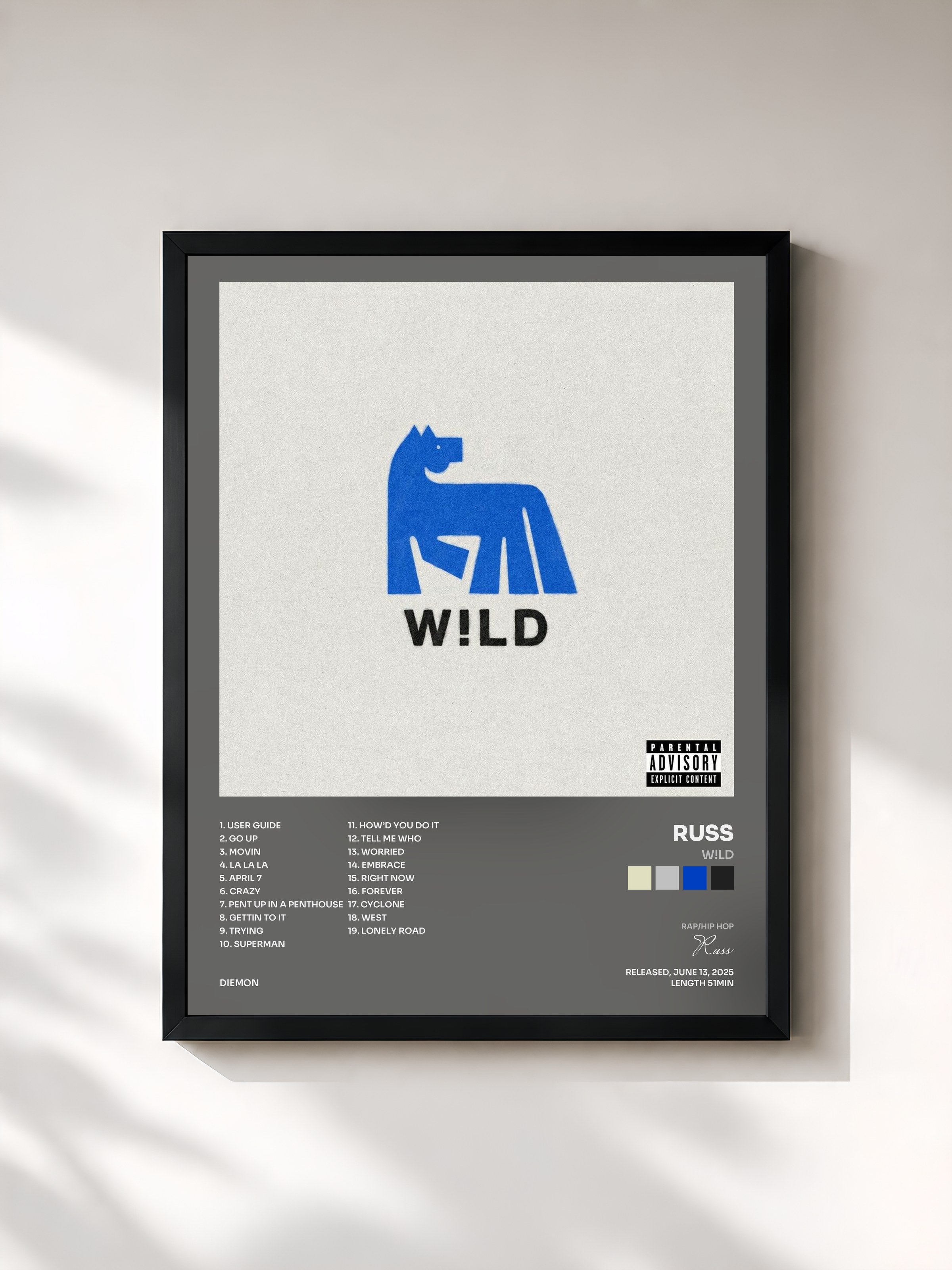 #noir Tableau de l'album W!LD de Russ, cadre noir, imprimé et encadré en France